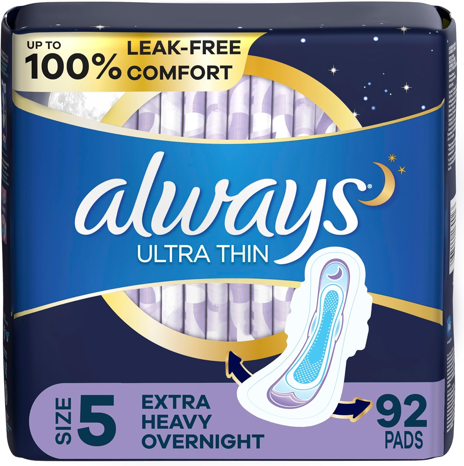 ALWAYS Ultra Thin Size 5 Extra Heavy Overnight Pads With Wings Unscented, 46 Count