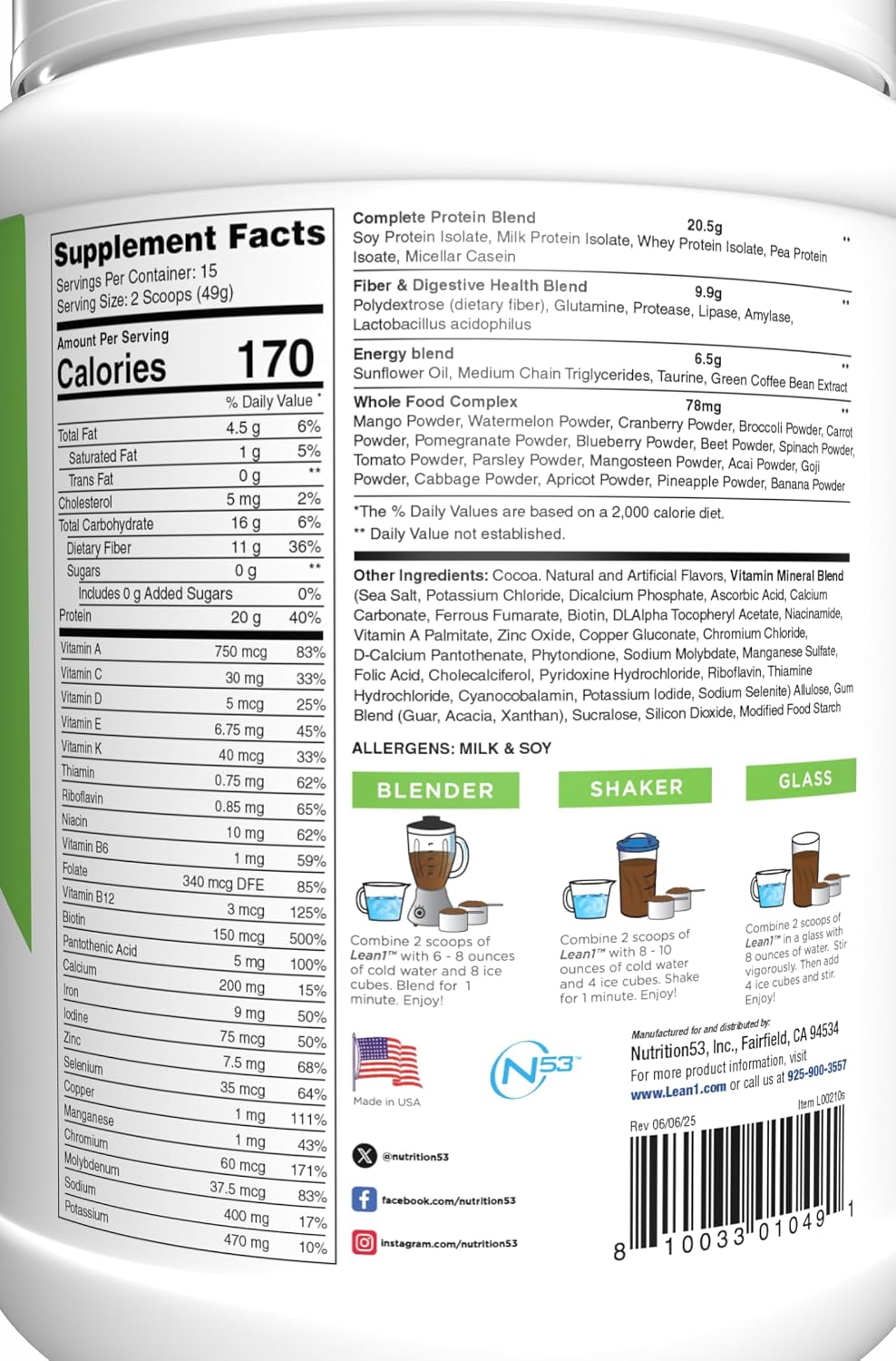 Lean1 Vanilla, Meal Replacement Protein Shake, 15 Serving Tub