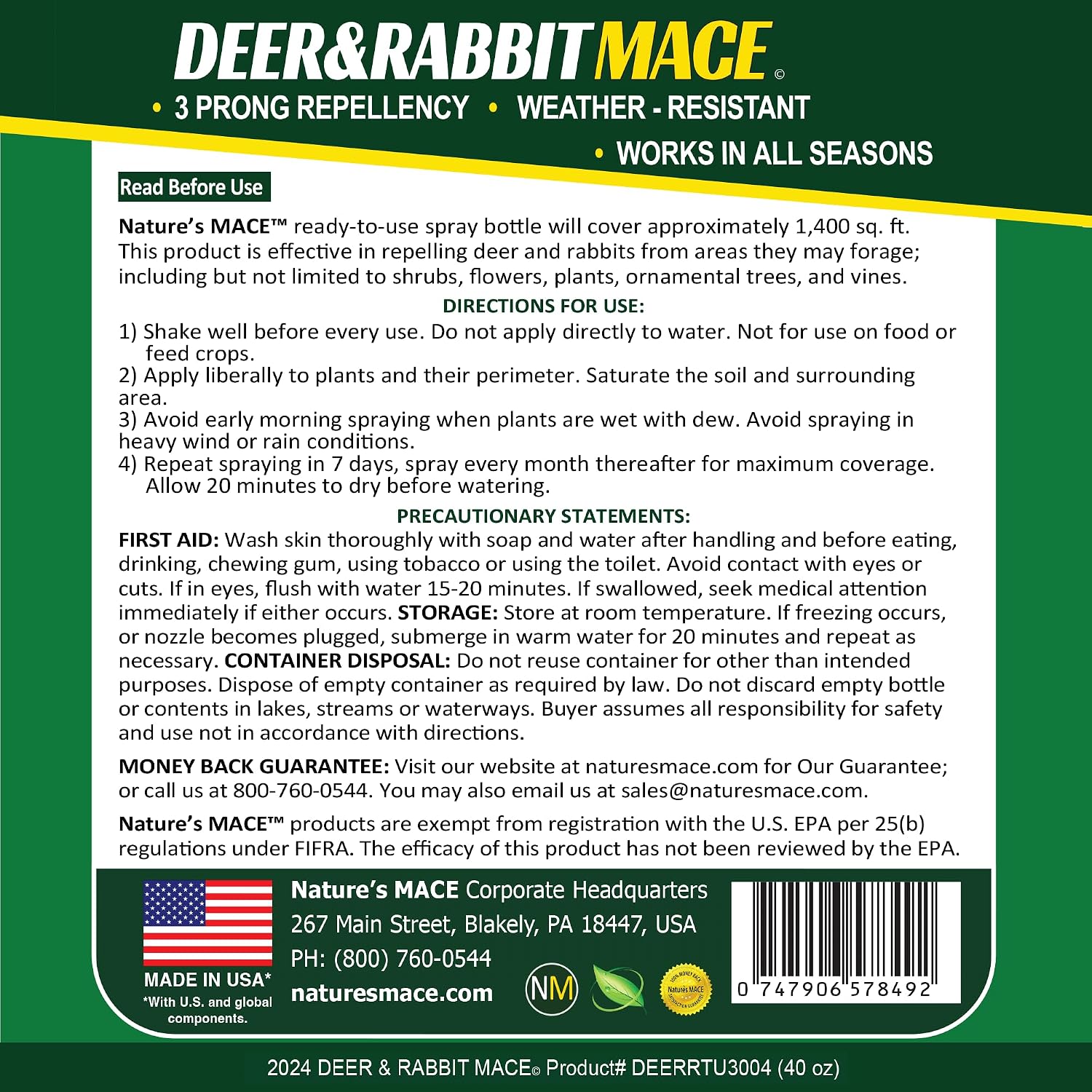 Nature's MACE Deer & Rabbit Repellent 40 oz Concentrate | Deer Repellent Spray for Plants, Lawns, Flowers & Gardens, Plant Safe, Protect Plants Fast, All-Season Protection.