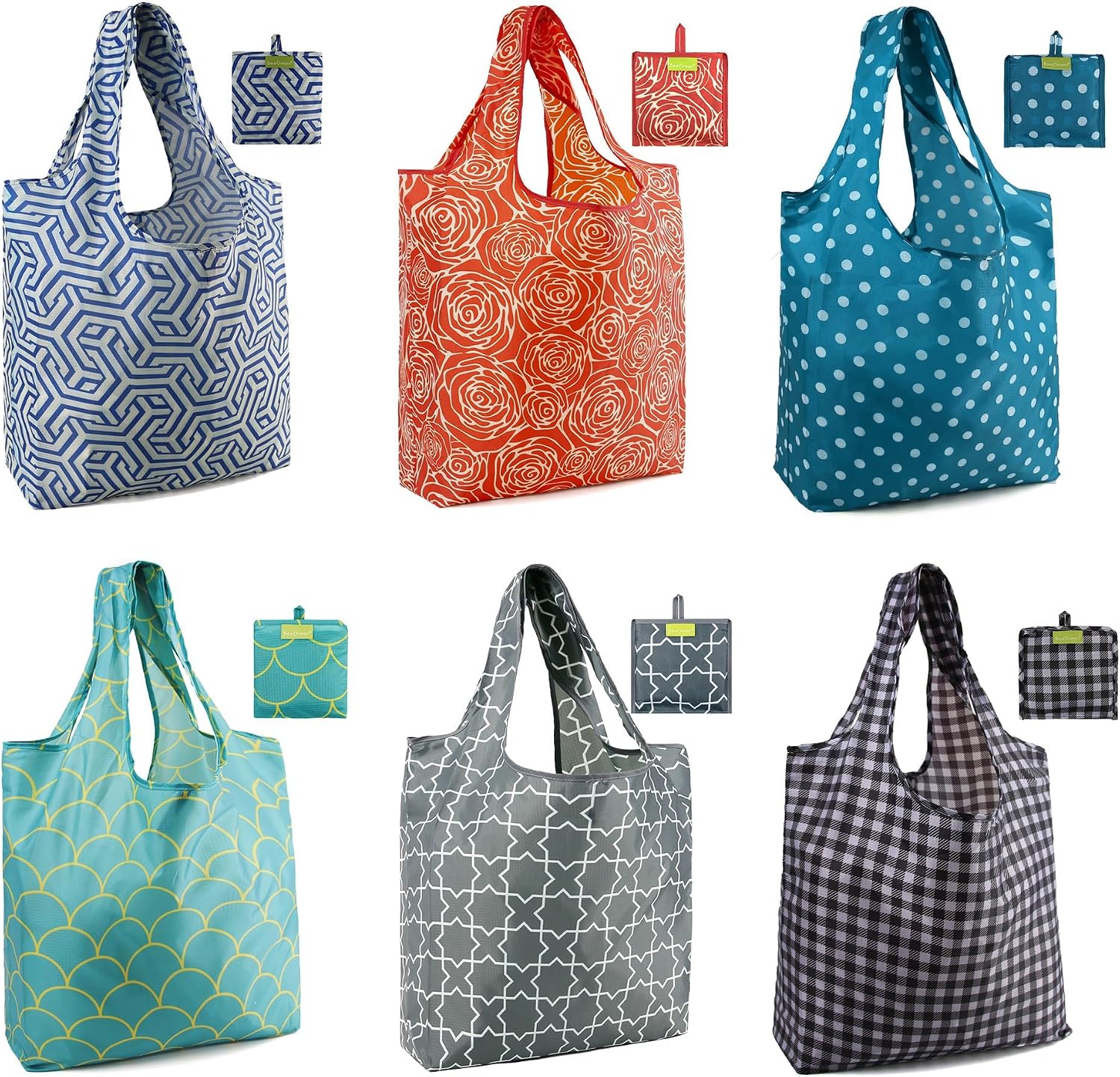 BeeGreen Grocery Bags | Reusable Gift Bags, Large Tote for Women & Foldable Beach Bag - 6 Pack Reusable Bag With Handles | Collapsible Cute Cloth Storage for Market, Holiday & Shopping | Washable​