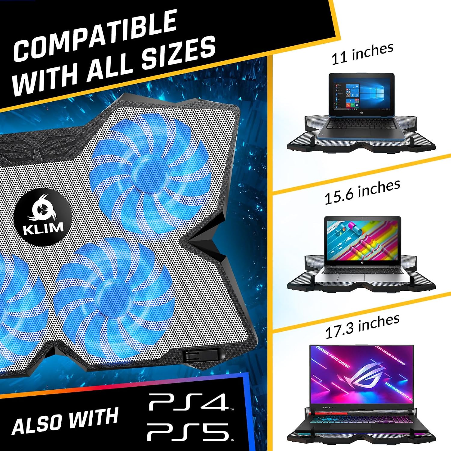 KLIM Wind Laptop Cooling Pad - More Than 500 000 Units Sold - New Version - The Most Powerful Rapid Action Cooling Fan - Laptop Stand with 4 Cooling Fans at 1200 RPM - USB Fan - PS5 PS4 - Blue