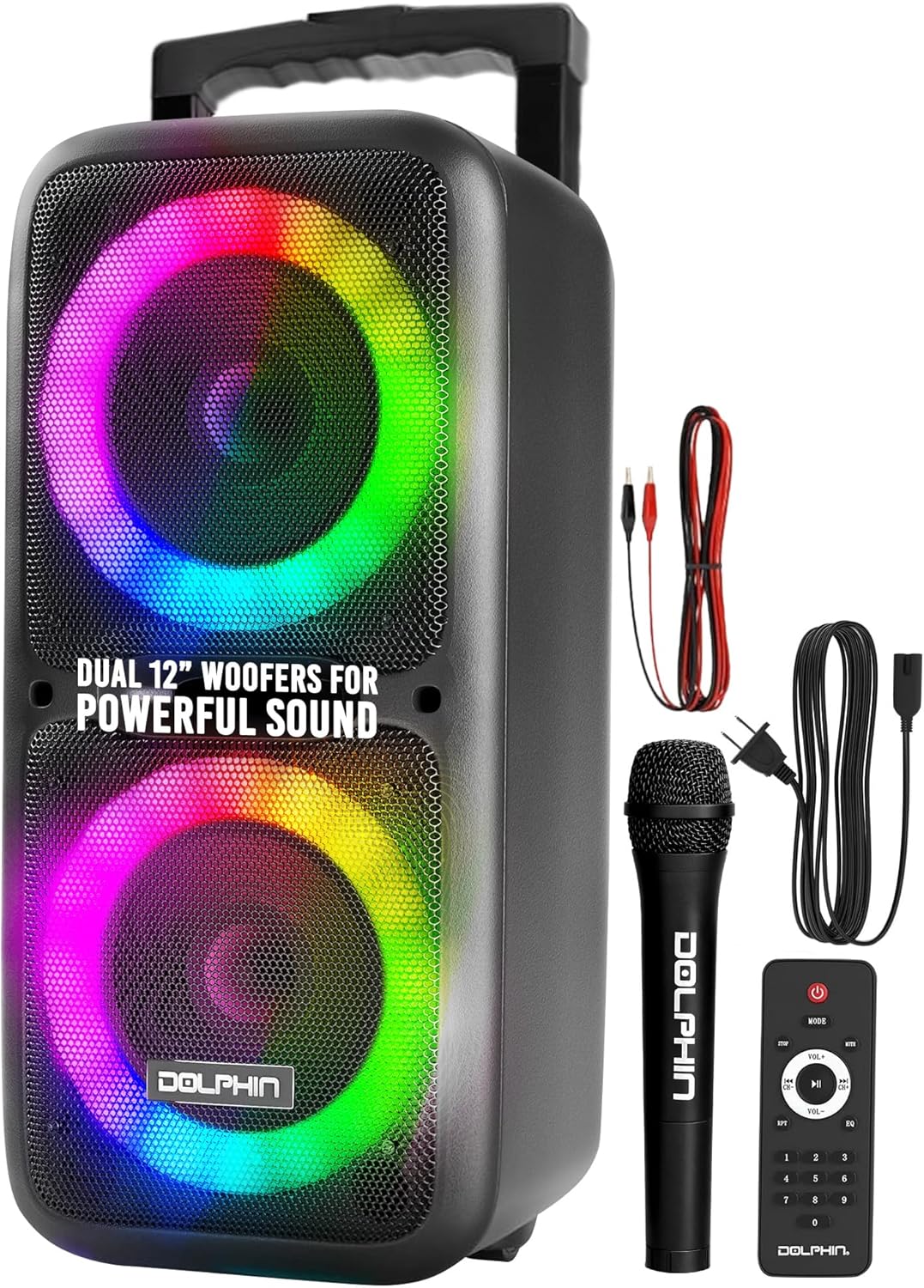 Dolphin Bluetooth Party Speaker with Wired Microphone, Dual 12" Woofers | 5-Band EQ, Hi-Fi Amplifier, Multicolor LED Lights, USB & AUX Playback
