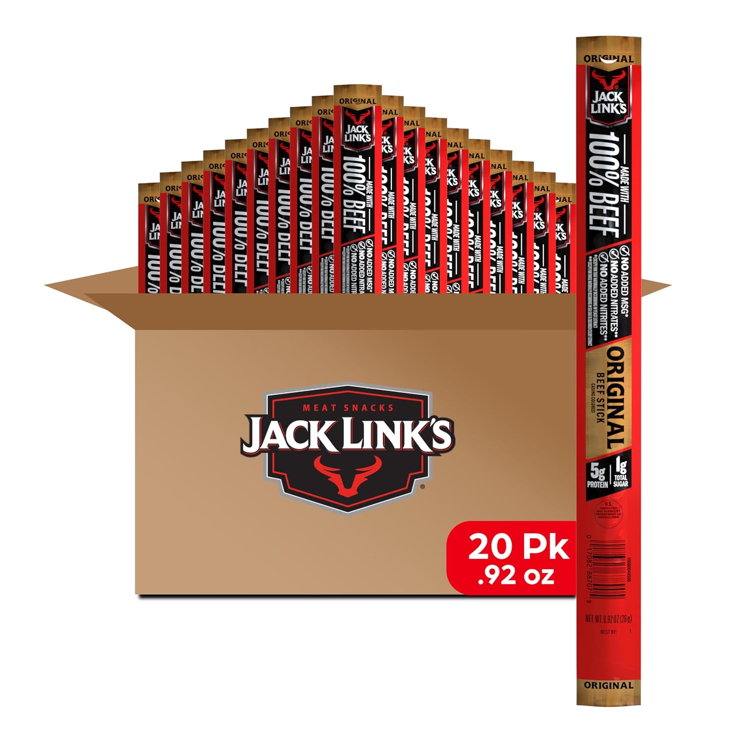 Jack Link's Original Beef Jerky Sticks - Made with 100% Real Beef - Ready to Eat Real Meat Protein Snacks - 6g Protein per Serving - 0.92 oz Meat Stick, 20 Count