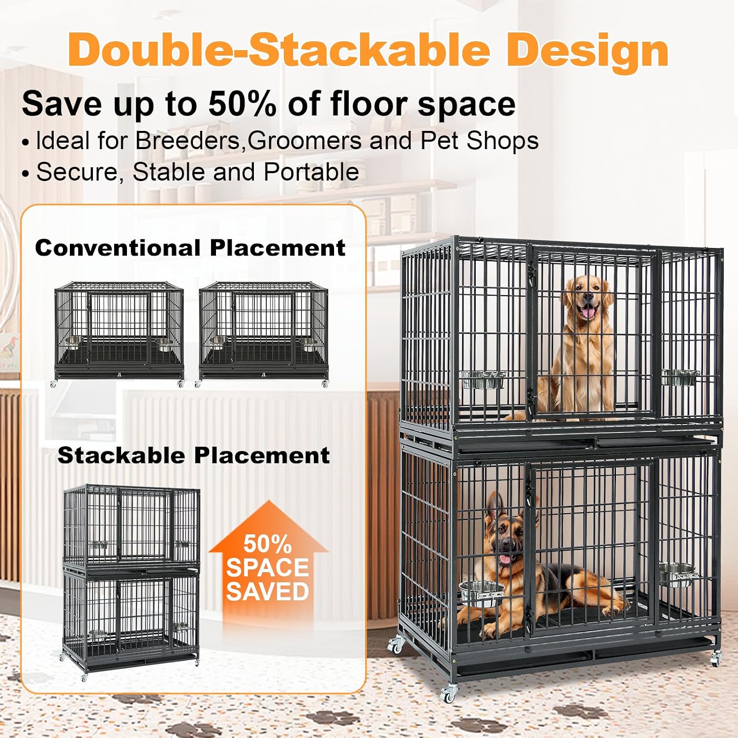 Homey Pet Taller 43" Heavy Duty Double Dog Crates with Divider & Dual Door | Drop Cage for Dogs with Lockable Wheels, Bowls, Removable Tray, Top Access, Ideal for Small to Medium & Large Dogs, Breeders
