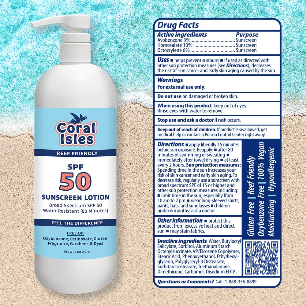 Coral Isles SPF 50 Sunscreen Pump Reef Compliant Broad Spectrum 128 Fl Oz