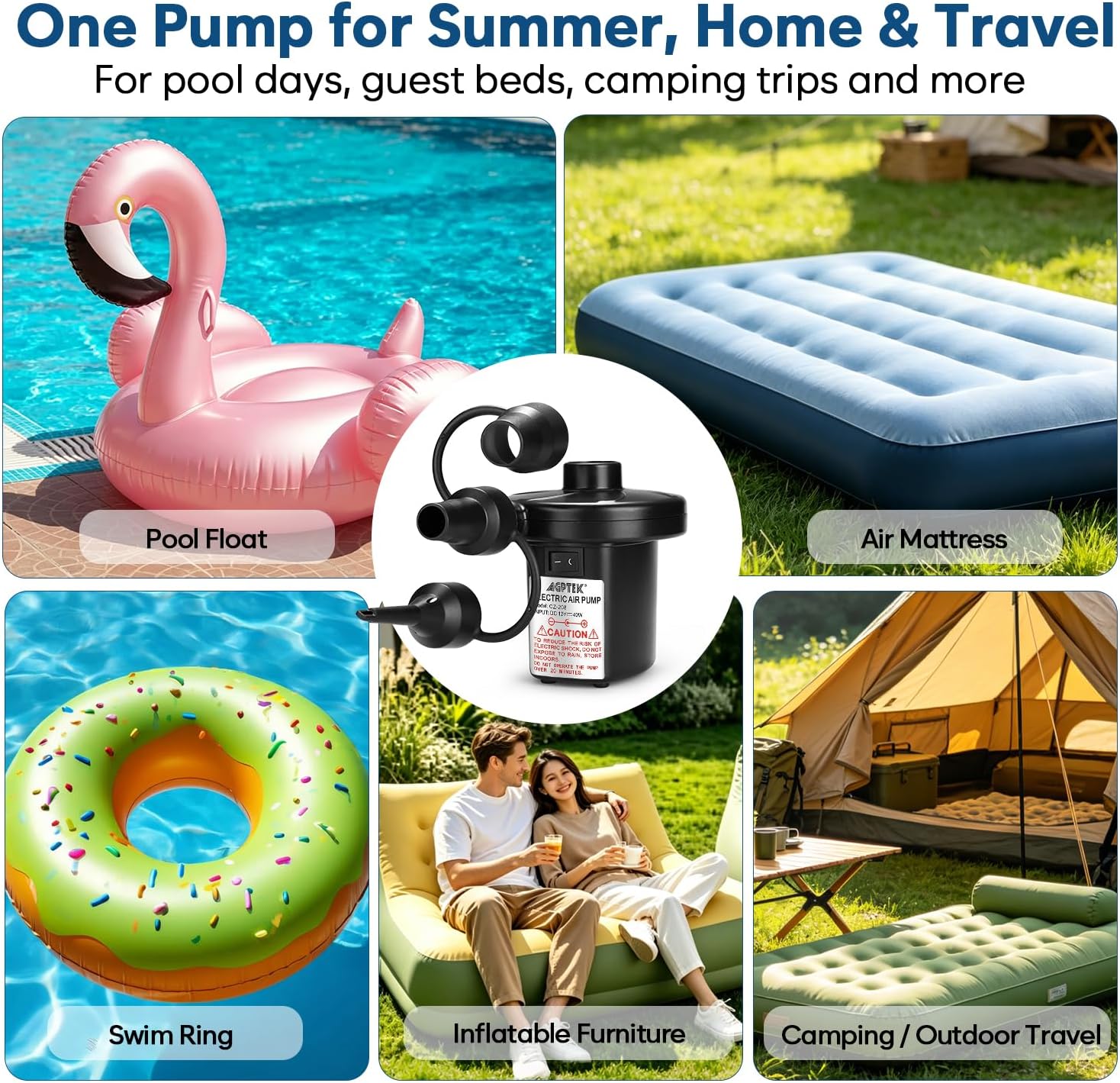 AGPTEK Electric Air Pump for Inflatables, 110V AC &12V DC Inflator Deflator | 4.5kPa Quick-Fill, 3 Nozzles, Portable Air Pumps for Outdoor Camping
