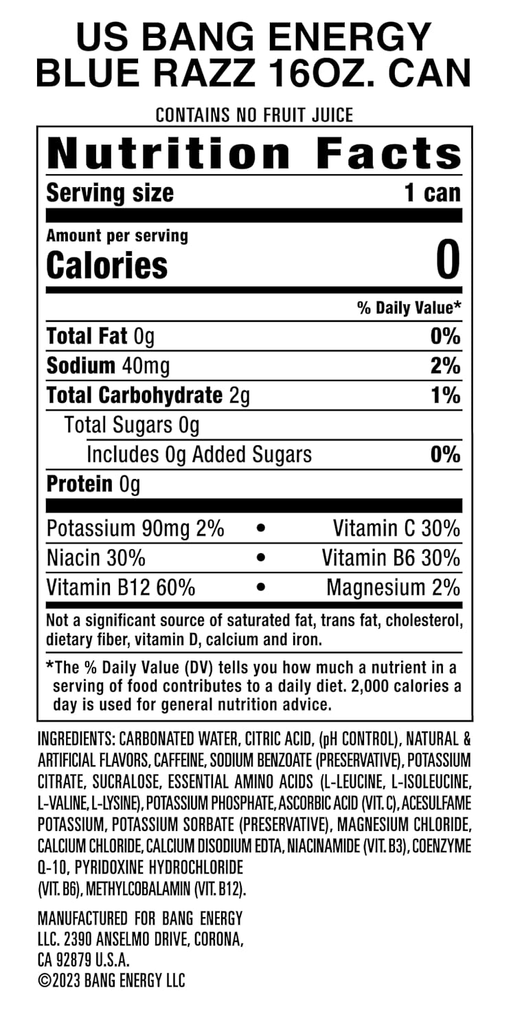 Bang Energy Blue Razz, Sugar-Free Energy Drink, 16-Ounce | Pack of 12