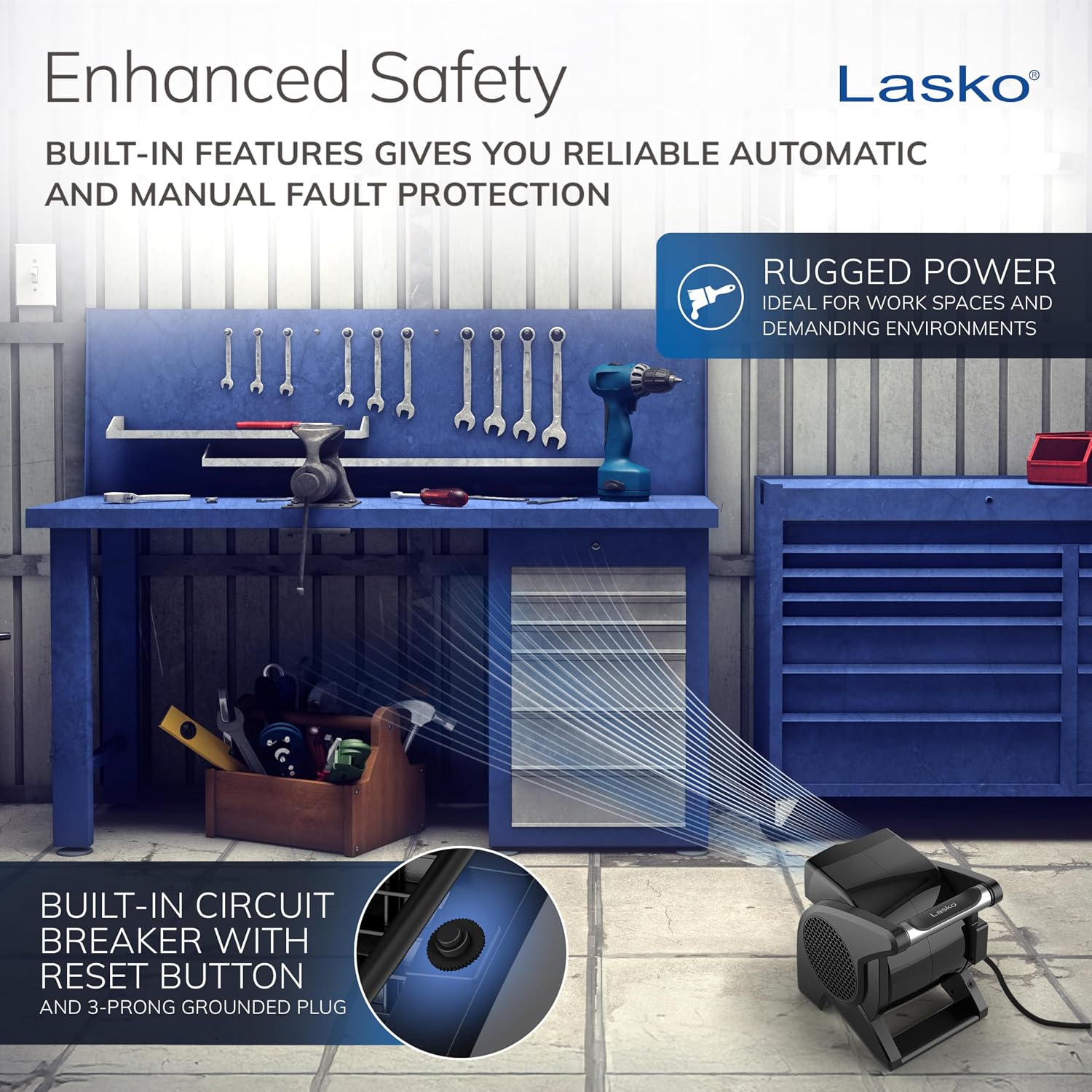 Lasko High Velocity Fan, 15", 375 CFM, Professional Utility Pivoting Blower Fan with 3 Speeds, 2 Accessory Outlets, 120V, Black, Model U15617