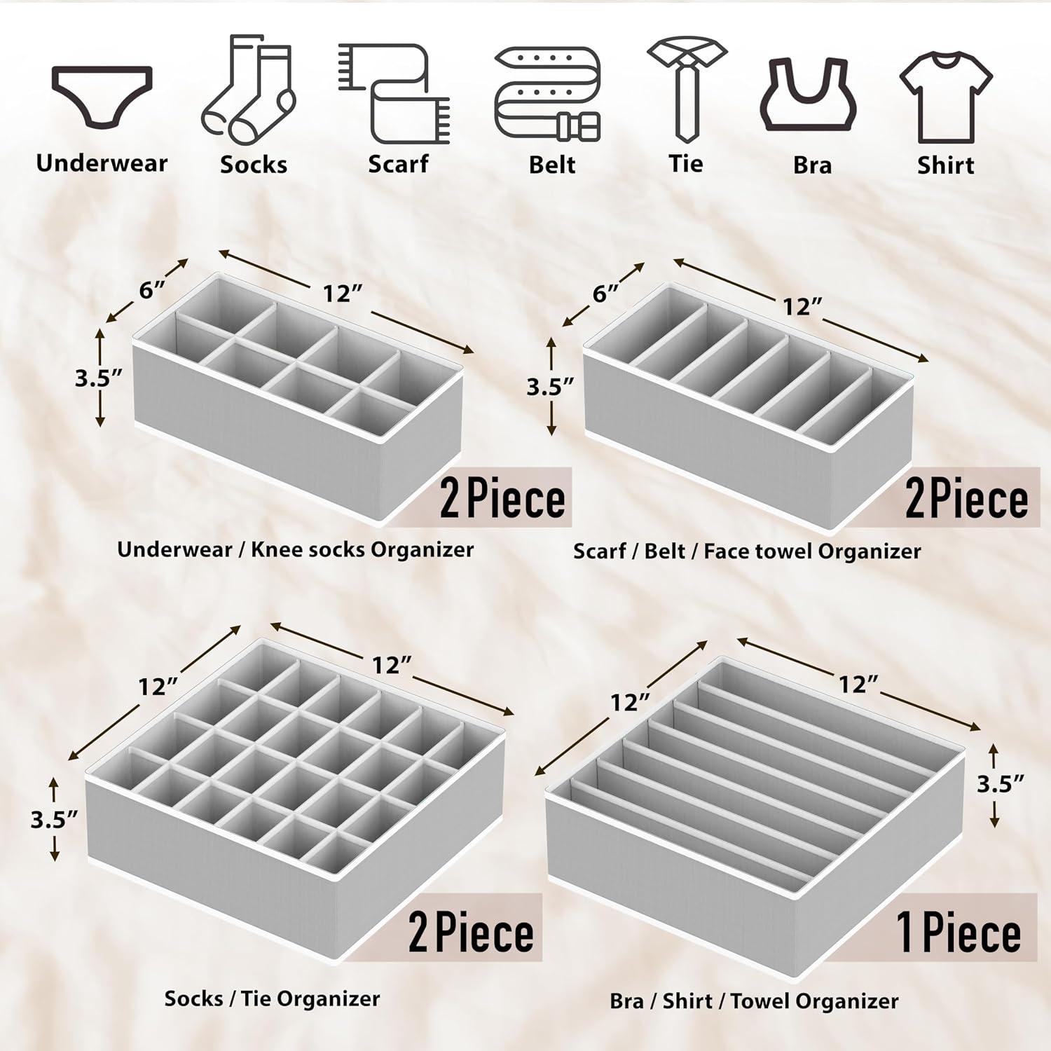 Simple Houseware 4-Pack Drawer Organizer Set for Underwear/Socks/Bra, Gray | Closet Dividers for Underwear, Socks, Bras, Scarves, Ties - Foldable Non-Woven Storage Boxes