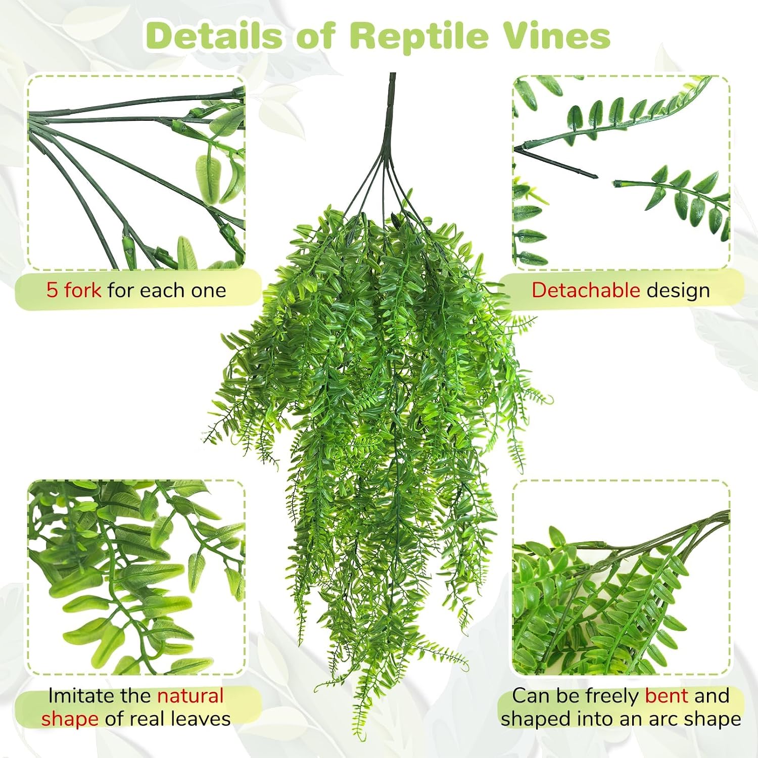 PINVNBY Reptile Plants Hanging Fake Vines Boston Climbing Terrarium Plant with Suction Cup for Bearded Dragons Lizards Crested Gecko Snake Hermit