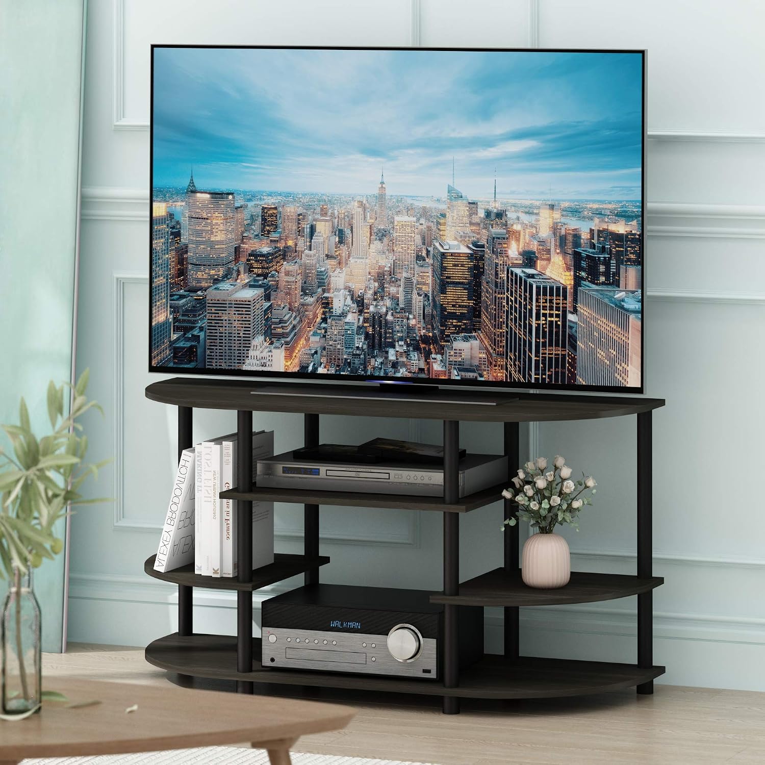 Furinno Turn-N-Tube No Tools Entertainment Center, Round Square Corner, French Oak Grey/Black | Raised Top, Open Shelves TV Console with for TV up to 32 Inch, for Living Room, Bedroom