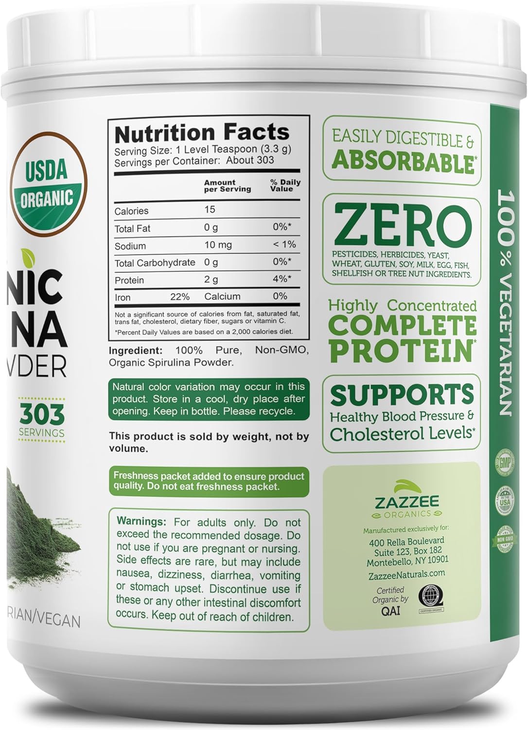Zazzee USDA Organic Spirulina Powder, 2.2 Pounds (1 KG), 303 Servings | Certified Kosher, 100% Pure, Non-Irradiated, Mess-Free Wide Mouth Container, Fresh Smell, Neutral Taste, Non-GMO, Made in USA
