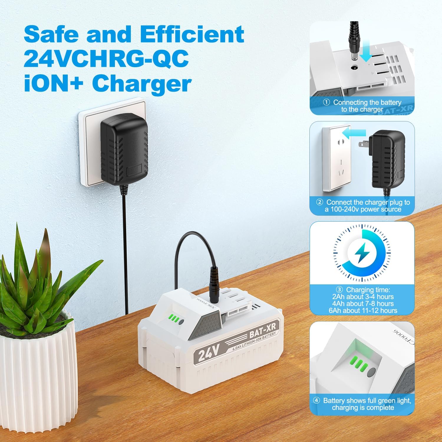 Quick Charge for Snow Joe & Sun Joe 24V Battery, 24VCHRG-QC iON+ Charger | Charger for iBAT24 and 24VBAT Series Battery, iBAT24-LT, iBAT24-LTE