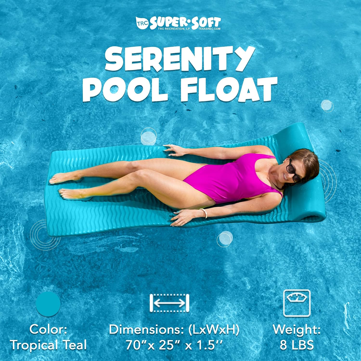TRC Recreation Serenity 1.5” Thick Vinyl Coated Foam Swimming Pool Float Mat Adult Lounger with Built-in Roll Pillow