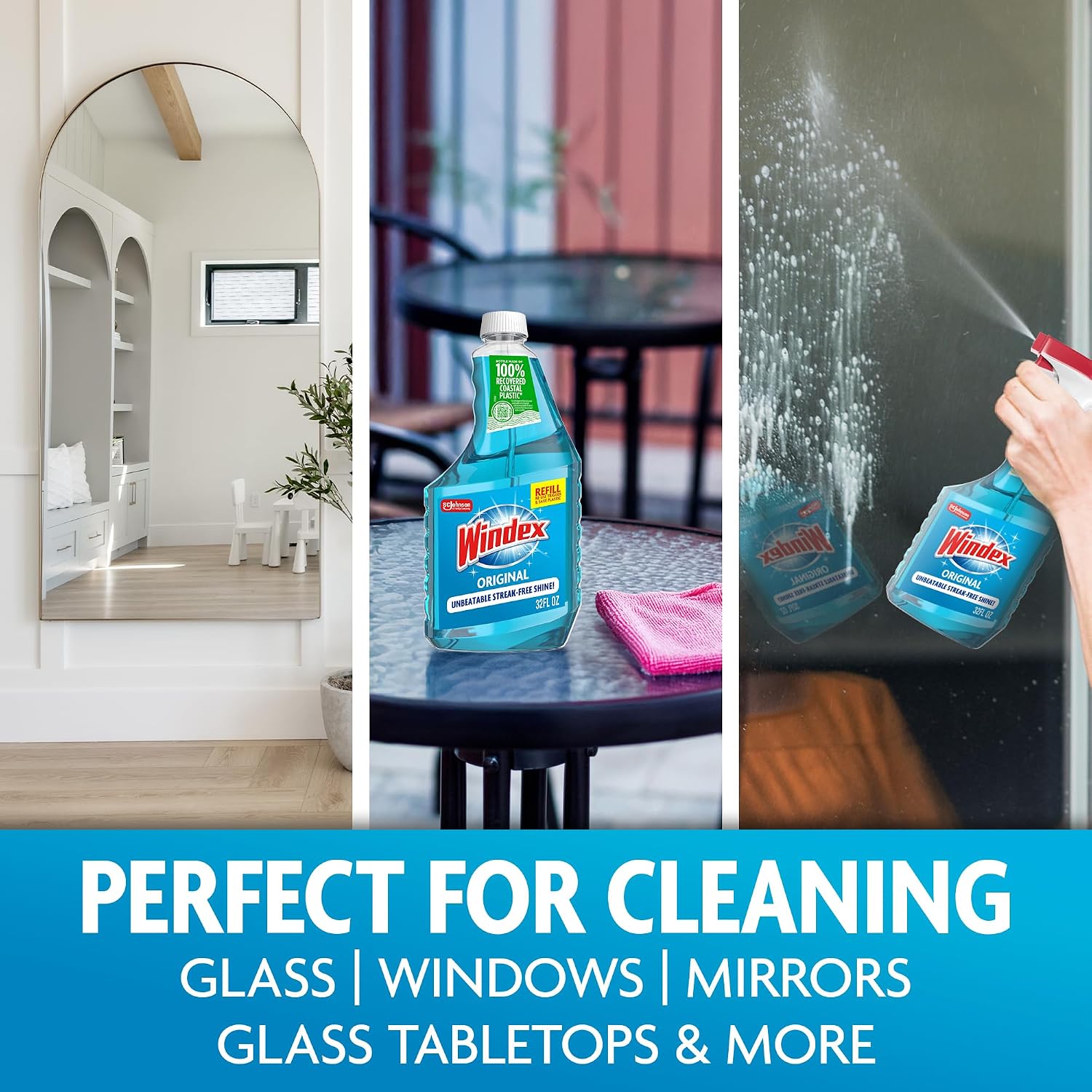 Windex refill glass and window cleaner, made from 100% recycled plastic, surface cleaning spray, original blue scent, 2L (67.6 fl oz)