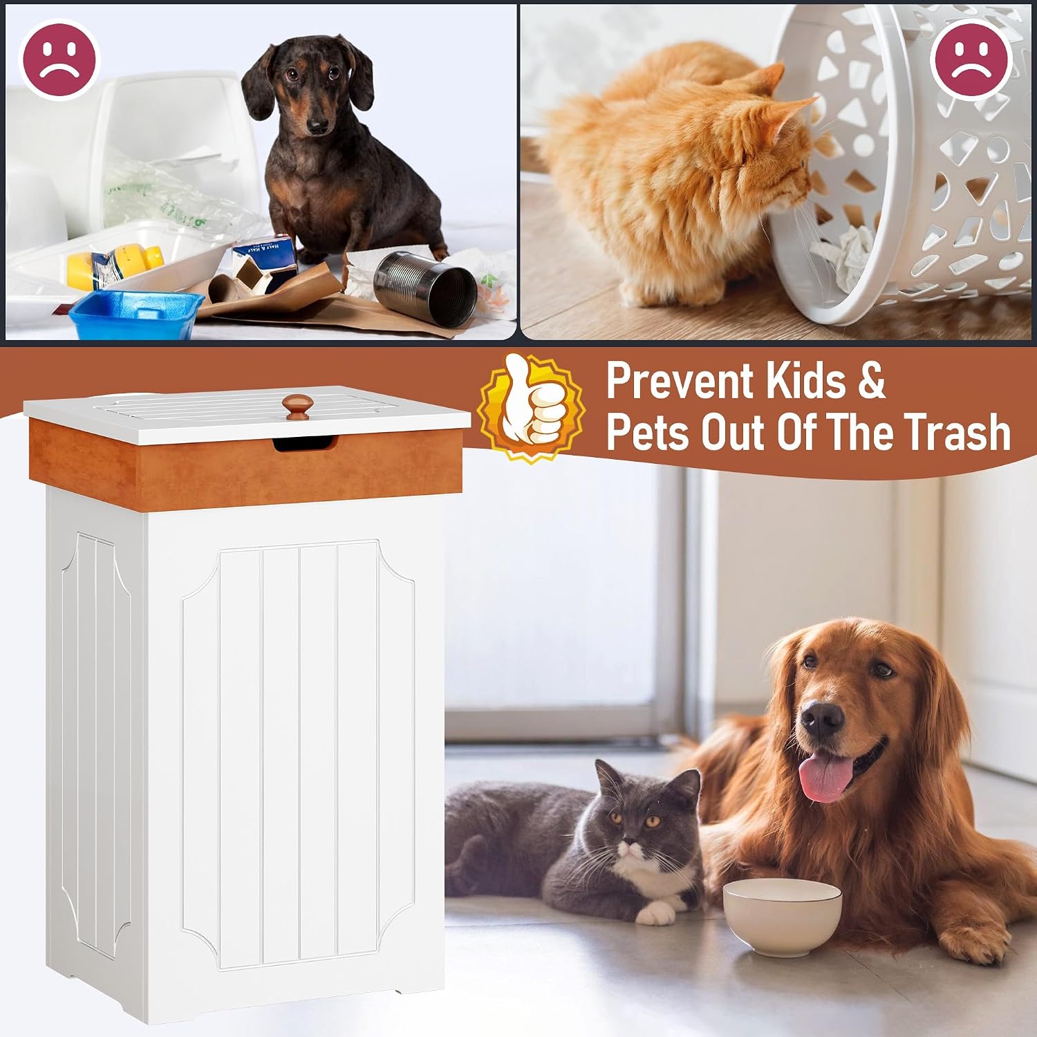 Function Home Trash Can Cabinet, 13 Gallon Kitchen Garbage Can, Wood Recycling Trash Bin, Freestanding Dog Proof Trash Can, Farmhouse Trash Cabinet with Lid for Home Kitchen Bathroom, Yellow