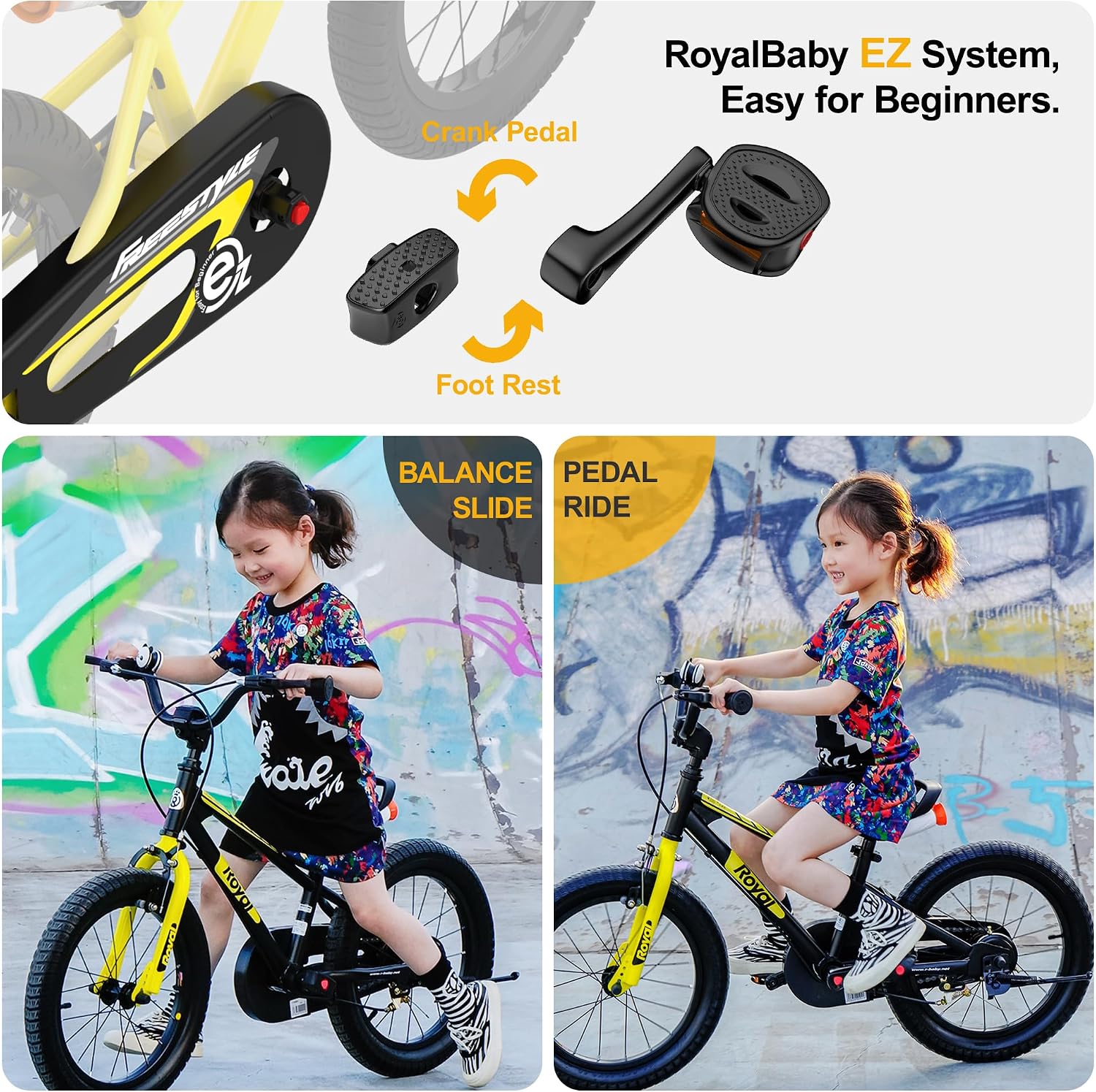 RoyalBaby EZ Kids Bike 12 14 16 18 20 Inch Balance Pedal 2-in-1 Training Bicycle Boys Girls Ages 3 to 12 Years Easy Learn for Beginners