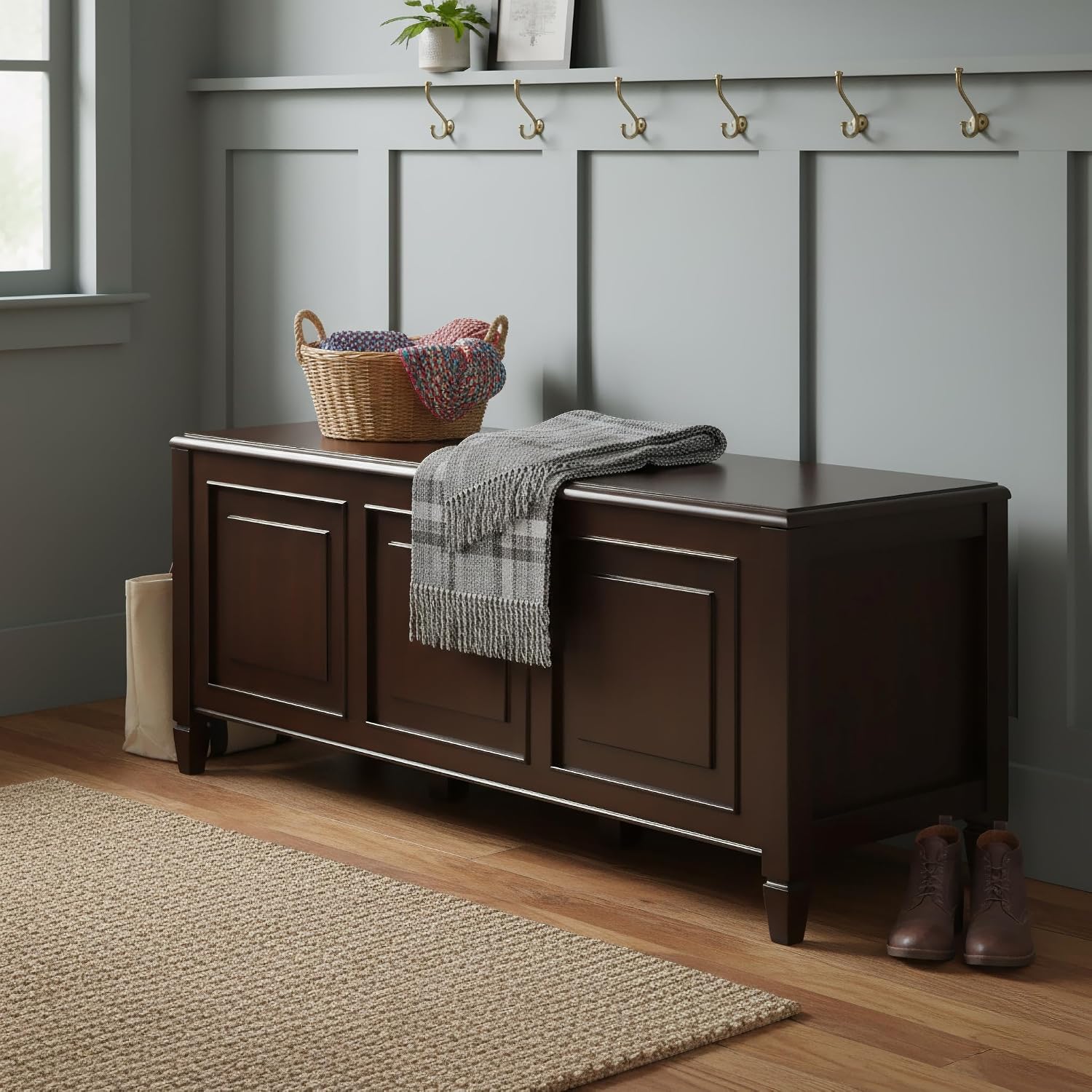 SIMPLIHOME Harvey 47" Wide Solid Mango Wood Bench in Natural | Traditional entryway bench in dark chestnut brown with a lift-up lid and 3 hidden compartments; shoe or hallway bench.