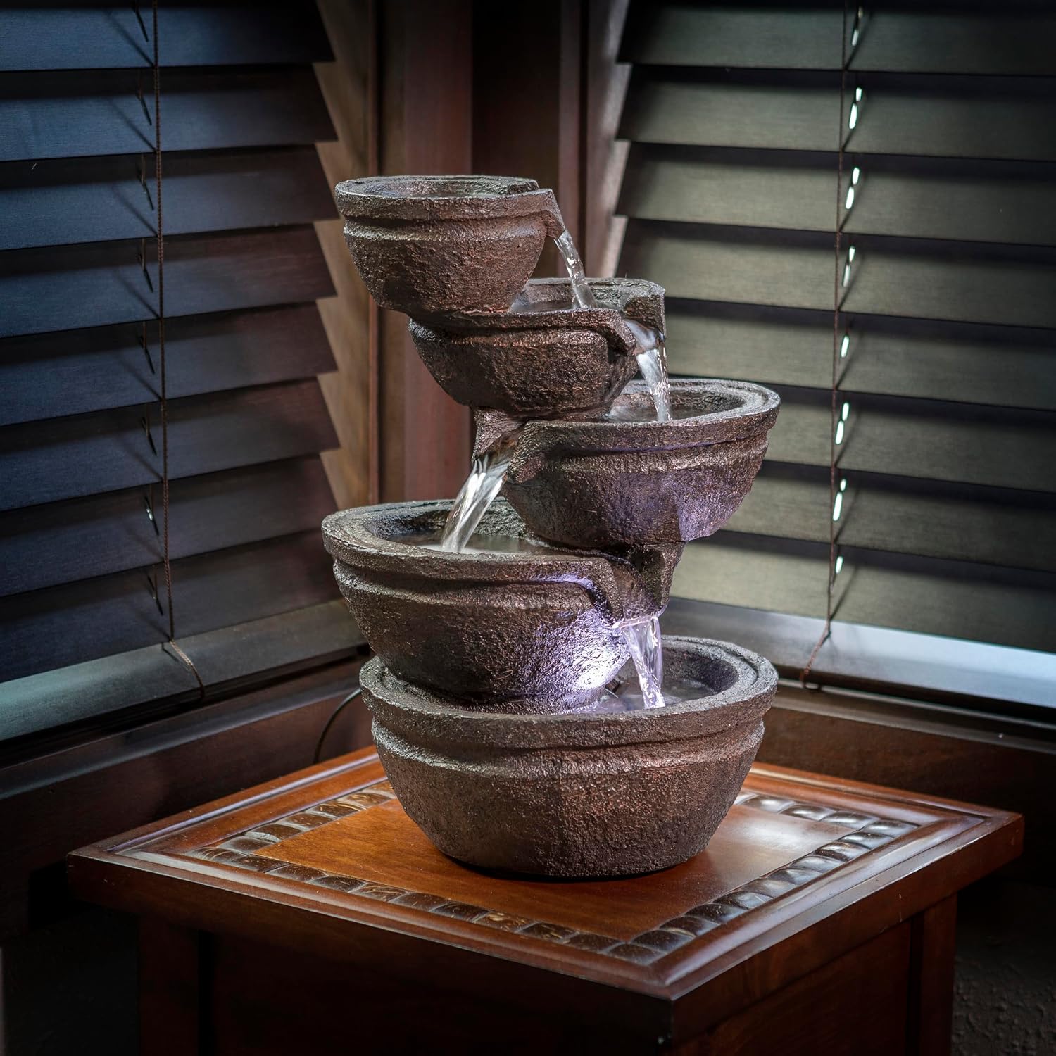 Alpine Corporation WIN1138 13" Indoor Tabletop Tiering Bowls Water Fountain with LED Lights – Cascading Water Feature for Home, Office, Meditation, and Relaxation, Dark Gray