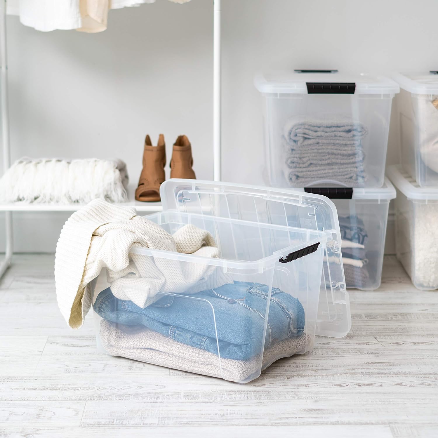 IRIS USA 6-Pack 54 Quart Storage Bins with Lids, Clear | Transparent design makes contents easy to find. Perfect for moving, blankets, clothing, and garage storage. Nestable design
