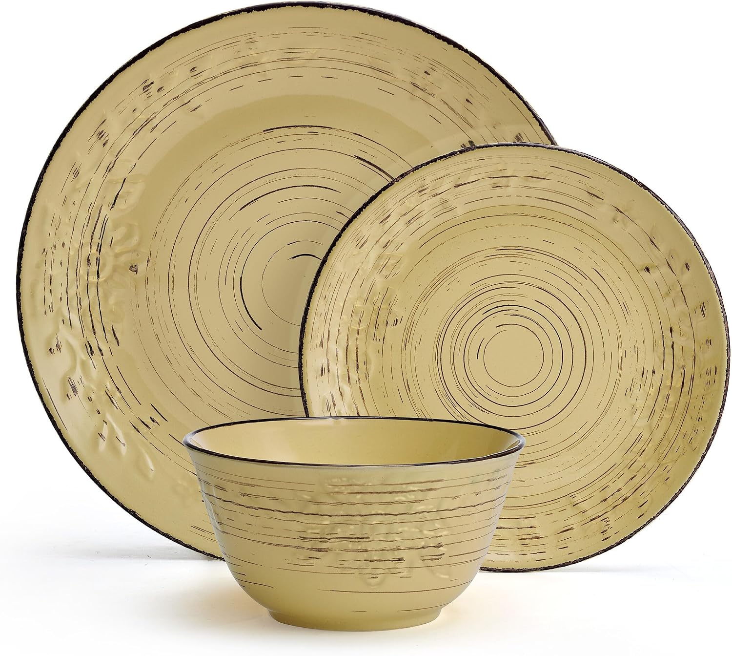 Pfaltzgraff Trellis White 16-Piece Stoneware Dinnerware Set, Service for 4, Distressed White Finish, Microwave & Dishwasher Safe Plates and Bowls