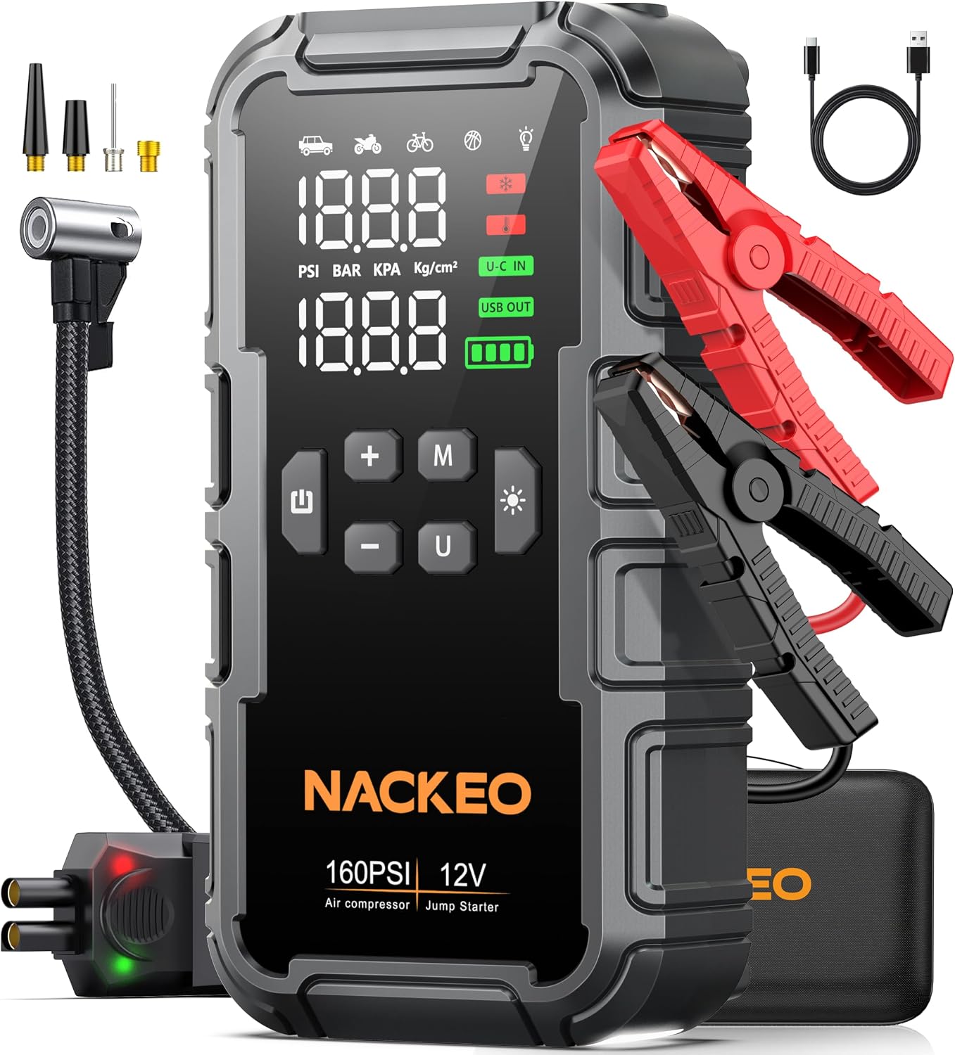 8000A Car Battery Jump Starter with Air Compressor 160PSI, Car Jumper Starter Portable (All Gas 12L Diesel), 12V Jump Box Car Battery with 600LM Light