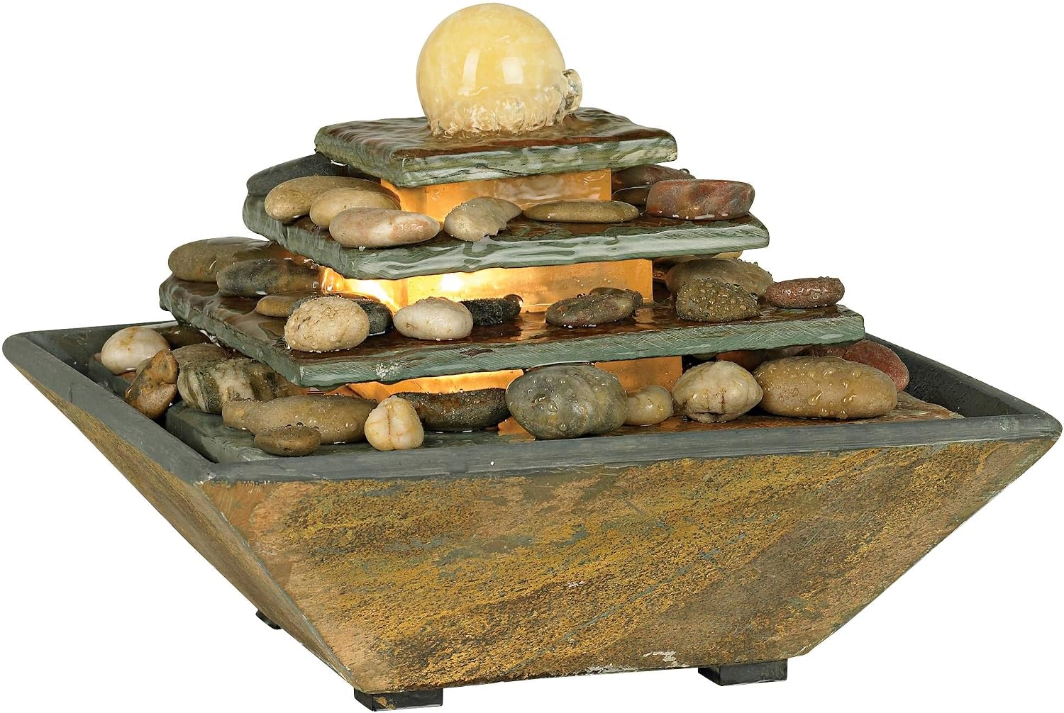 Pyramid 10" High Feng Shui Ball Lighted Table Indoor Small Fountain | Zen Modern Decor Slate Stone Tabletop with Light Waterfall Rock Water Feature for Desk Relaxation Bedroom Living Room