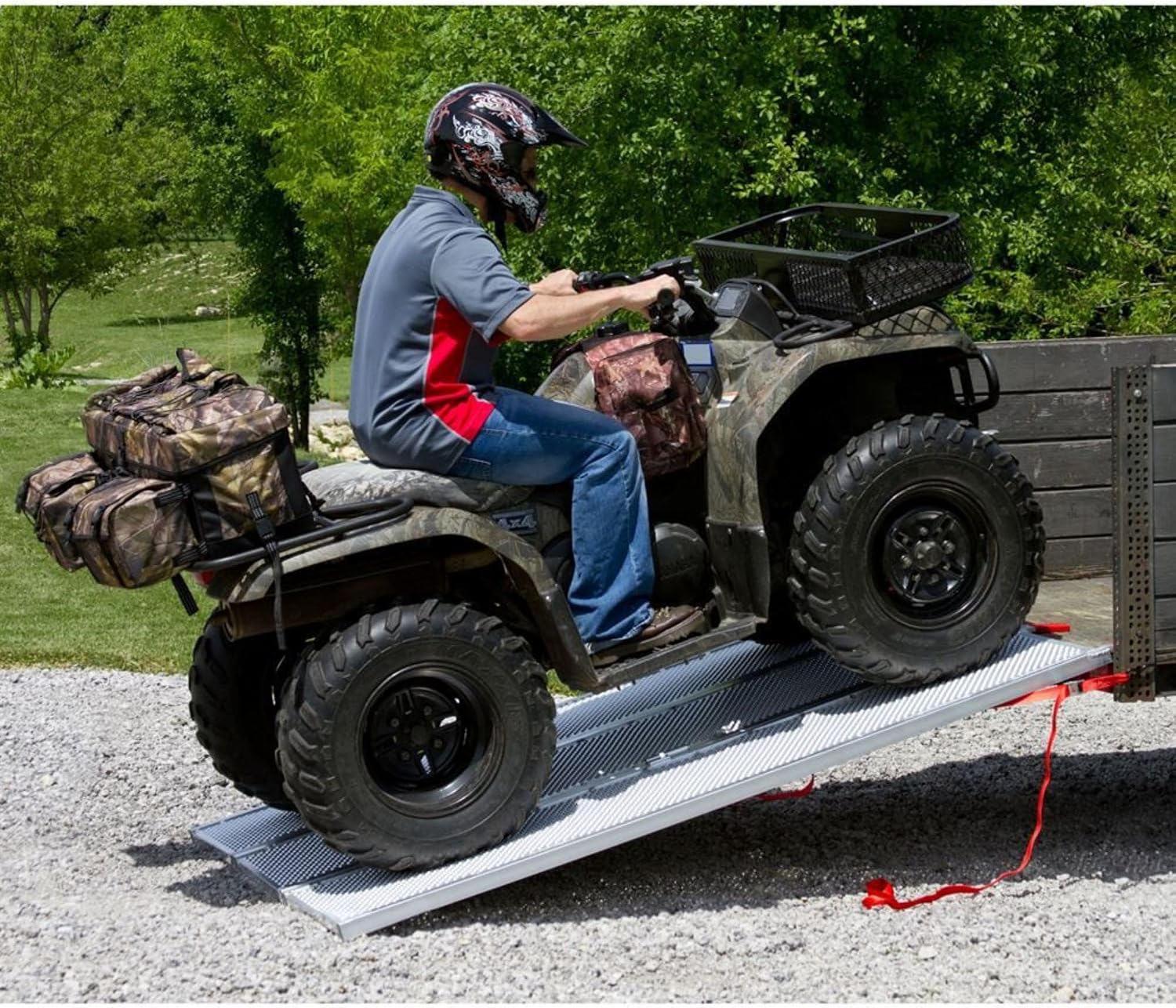 Black Widow 6ft 5in Aluminum Folding ATV Loading Ramp, 1500 lb Capacity | Load four-wheelers into trailer, folds into thirds for storage, safety straps included