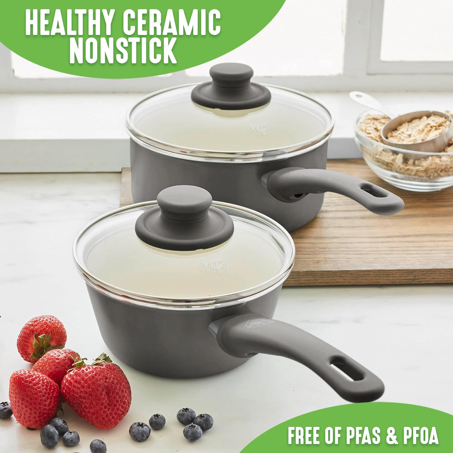 GreenLife Soft Grip 1QT and 2QT Saucepan Set, Healthy Ceramic Nonstick, Non Toxic PFAS & PFOA-Free, Dishwasher Safe, Glass Lids, Stay-Cool Handles, Easy Clean Cookware, Kitchen Essentials, Turquoise