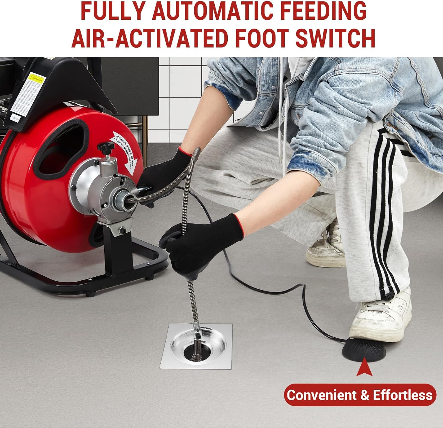 GarveeTech Auto Feed 100 ft x 3/8 in Drain Cleaner Machine with 370W Motor, Portable Sewer Snake Auger with 8 Cutters & Air-Activated Foot Switch