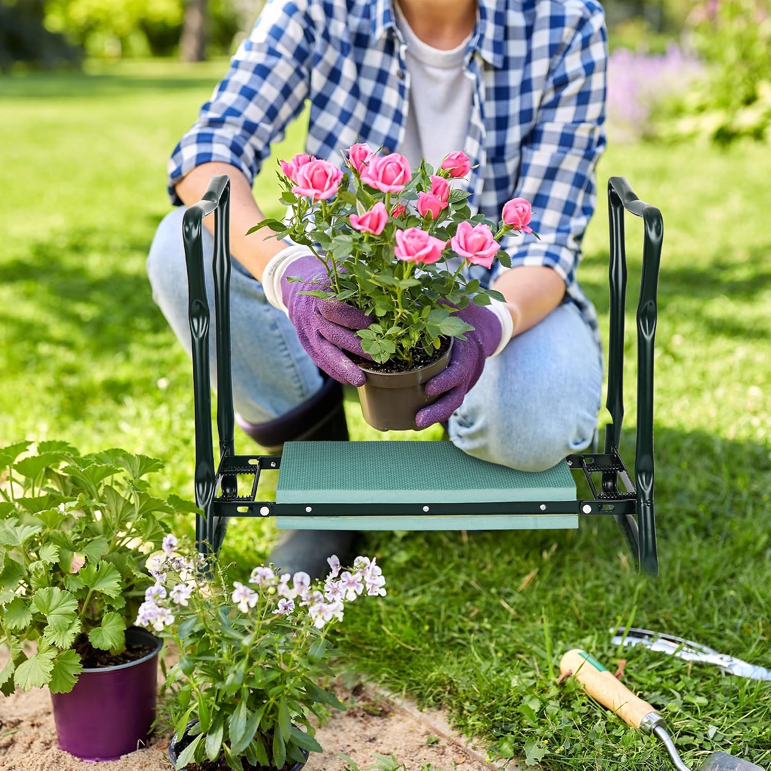 LEMY 2 in 1 Garden Kneeler and Seat - Portable Heavy Duty Folding Garden Stool for Women Men Seniors, w/EVA Foam Kneeling Pad, Removable Tools Pouches