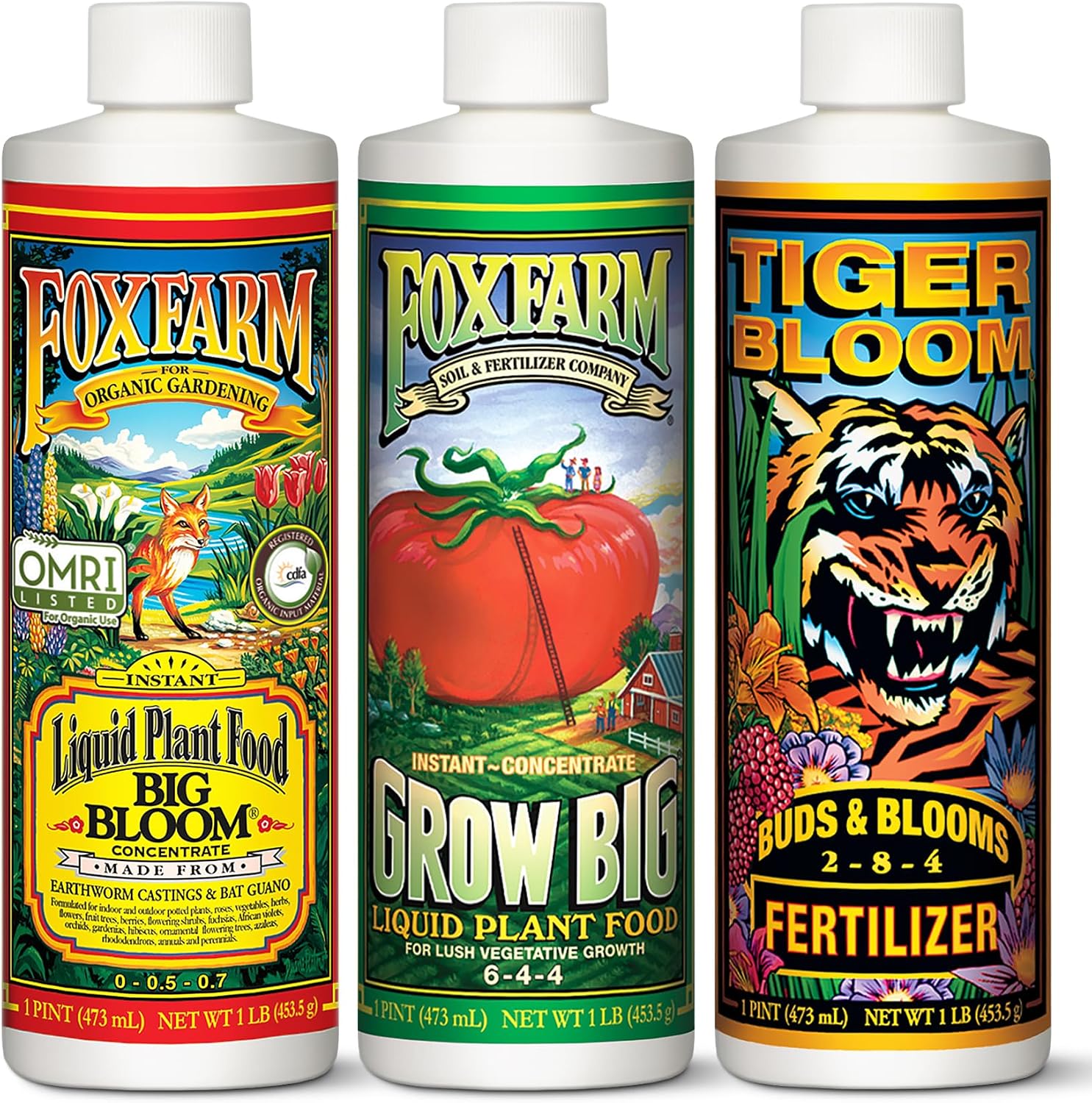 FoxFarm Soil Liquid Trio Pack - Big Bloom, Grow Big, Tiger Bloom Fertilizers Supports Vigorous Plant Growth, Bud Development & Abundant Fruit - Complete Liquid Plant Food Set - 3 Pint Bottles