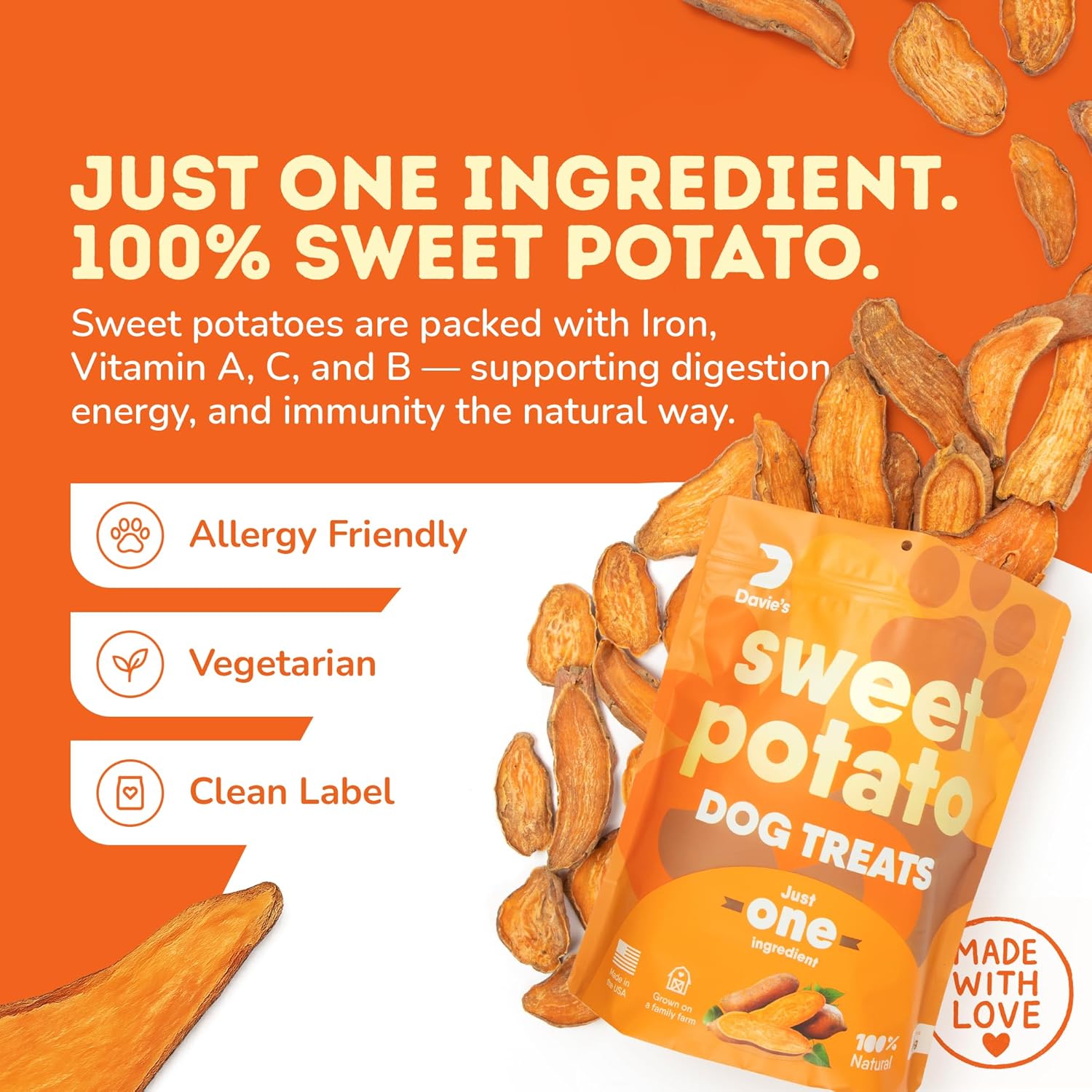 Davie's Sweet Potato Dog Treats - Natural Dog Chews, 1 lb.