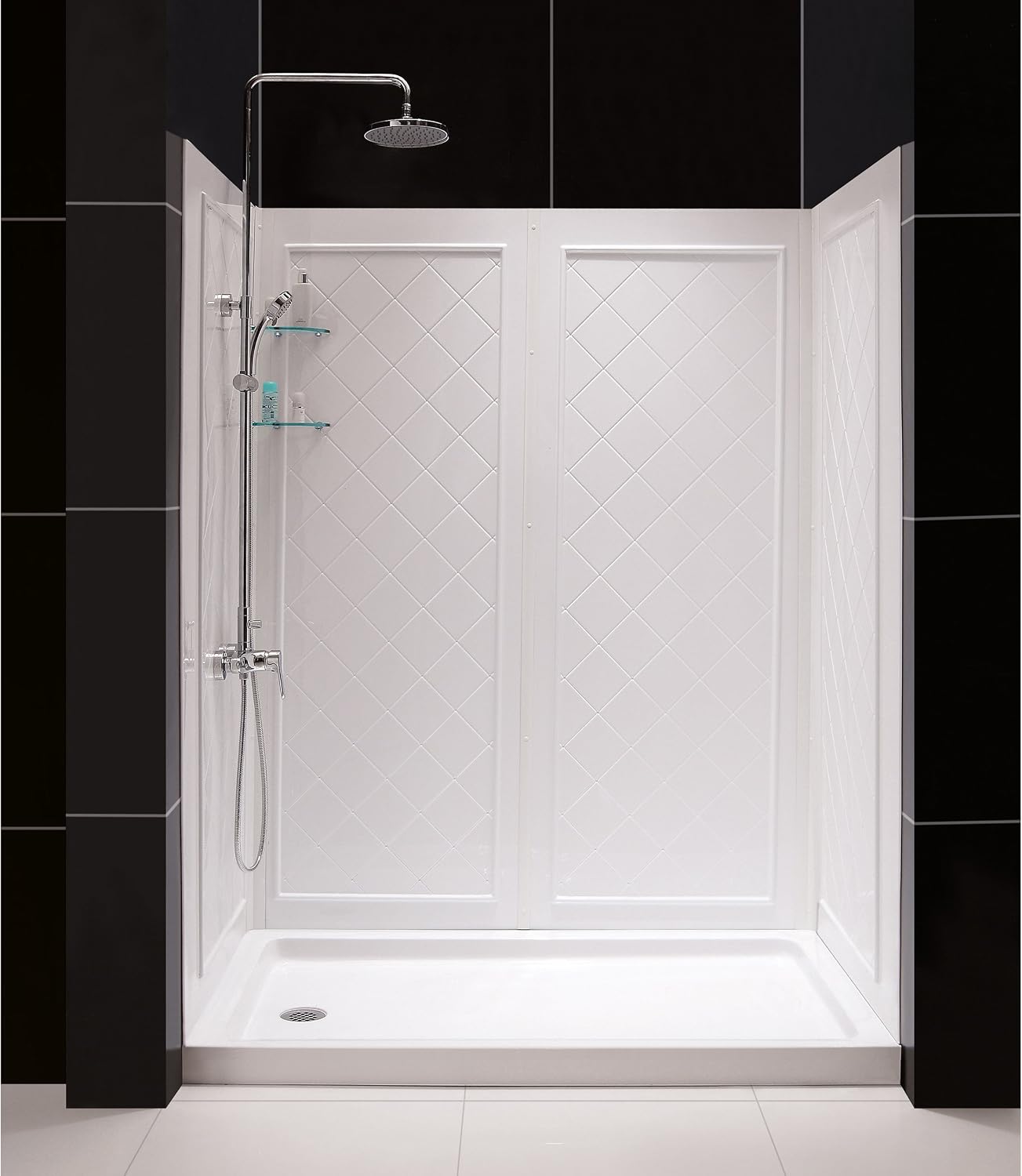 DreamLine 32 in. D x 60 in. W x 76 3/4 in. H Left Drain Acrylic Shower Base and QWALL-5 Backwall Kit In White, DL-6190L-01