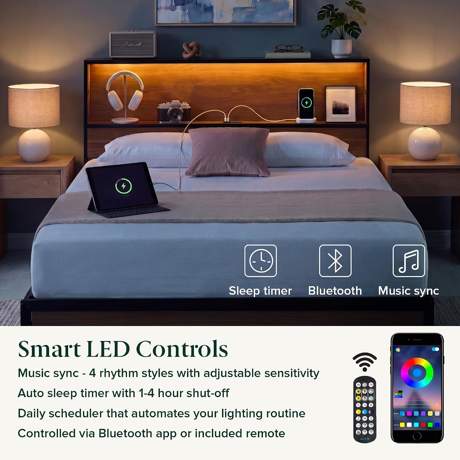 Zinus Kai Platform Bed Frame, RGB LED Lights, No Box Spring Needed, Full | Two-Tier Headboard for Space-Saving Storage, Built-in USB Charging Station, Soft Ambient Night Light