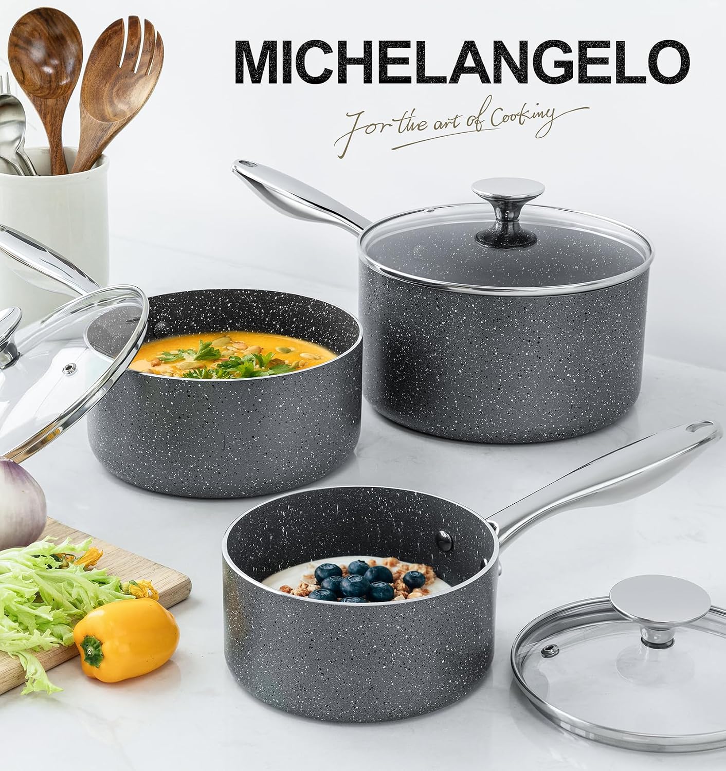 MICHELANGELO 2 Quart Saucepan with Lid, Nonstick Sauce Pan with Healthy Coating, Granite Sauce Pan with Stainless Steel Handle