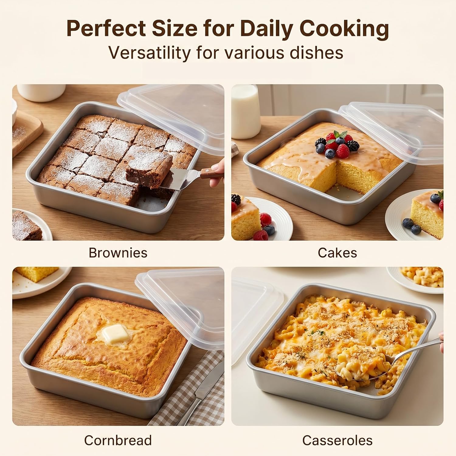 E-far 8 x 8-Inch Baking Pan with lid, Square Cake Brownie Baking Pans Stainless Steel Bakeware Set of 2, Non-toxic & Healthy