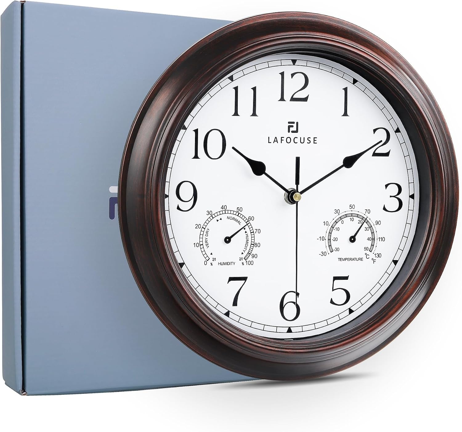 Lafocuse 12 Inch Brown Outdoor Wall Clocks with Temperature and Humidity