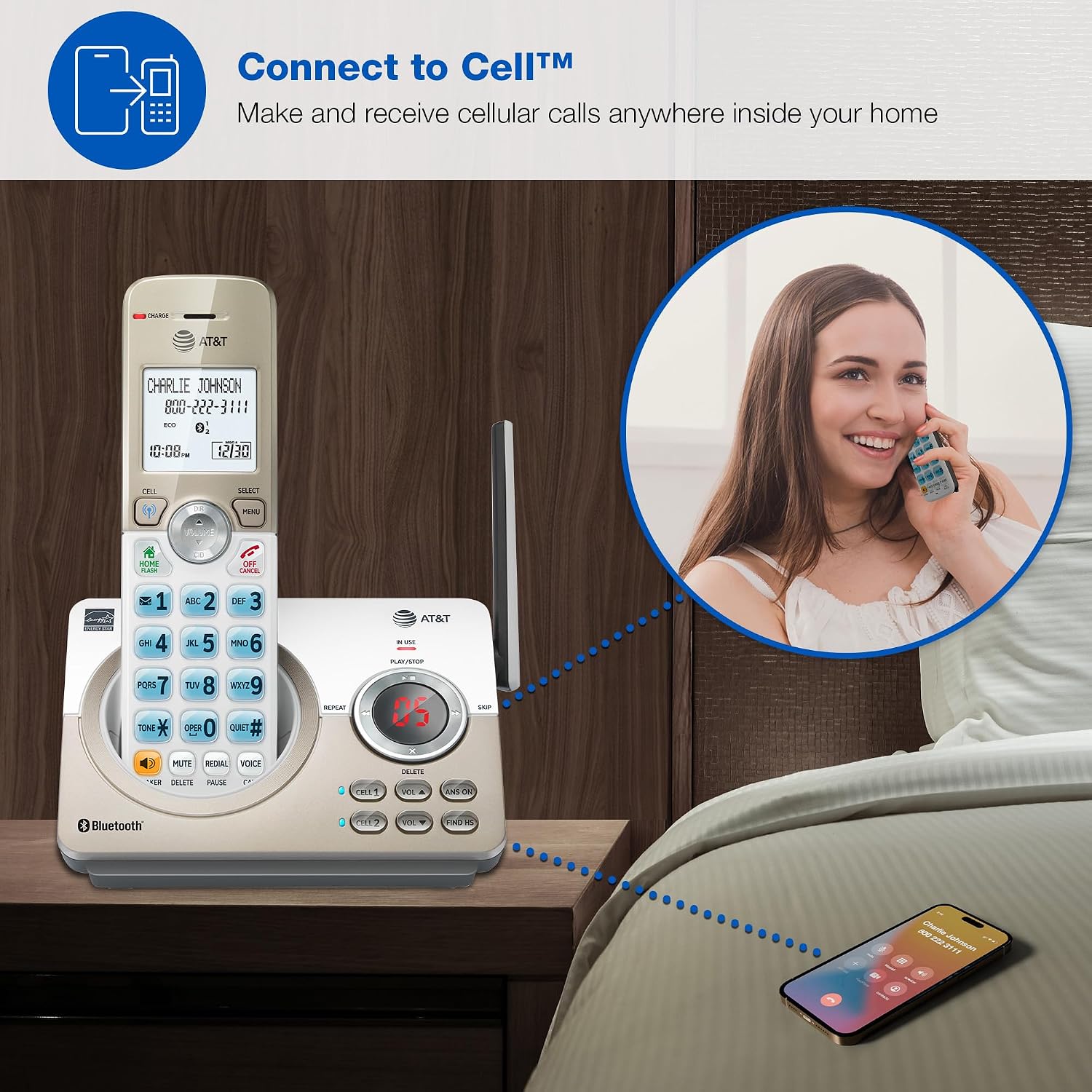 AT&T DL72219 DECT 6.0 2-Handset Cordless Phone for Home with Connect to Cell, Call Blocking, 1.8" Backlit Screen, Big Buttons, intercom