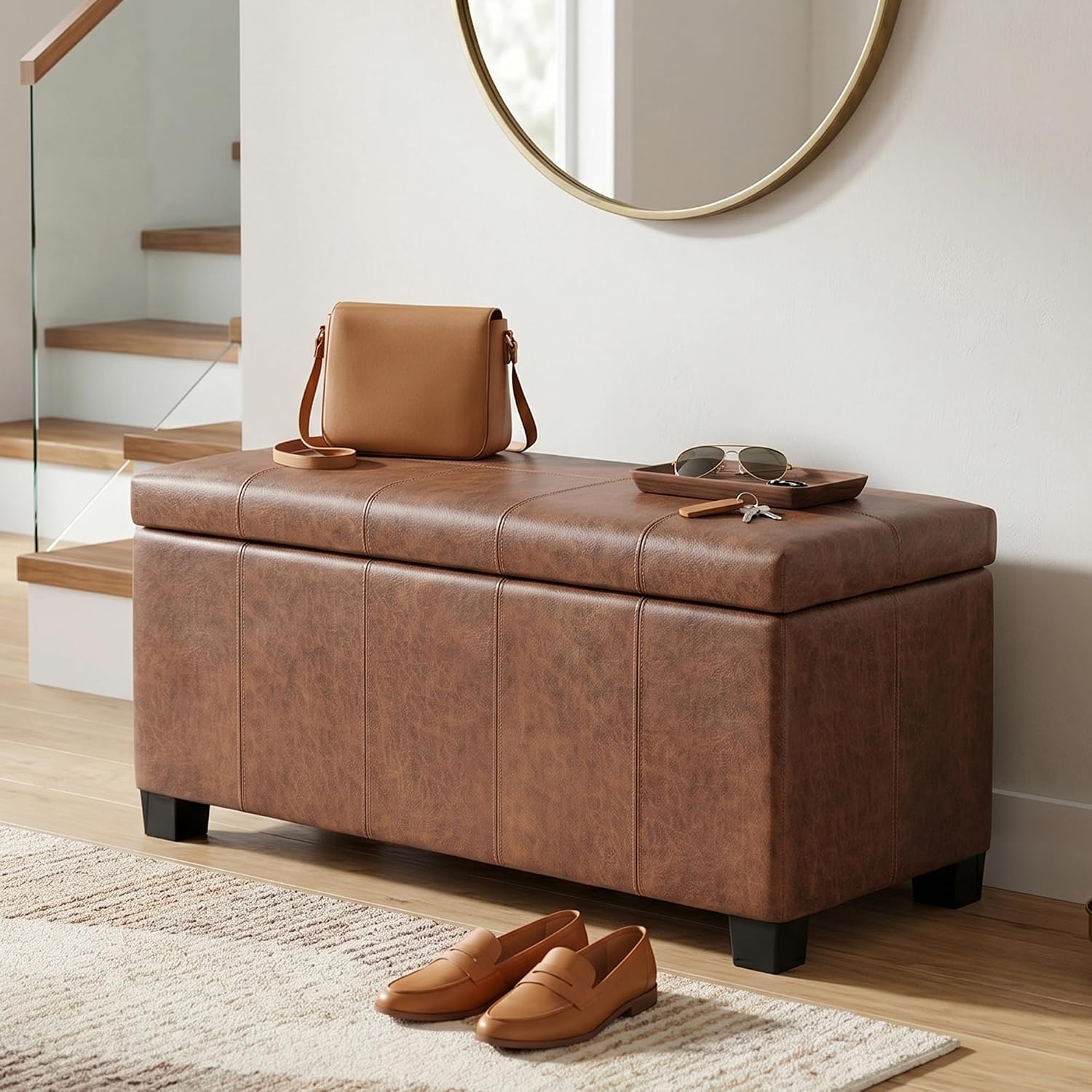SIMPLIHOME Dover 36" Wide Vegan Leather Storage Ottoman in Midnight Black | Distressed umber brown, contemporary ottoman with lift-top and safety hinges; rectangle storage bench for living room.