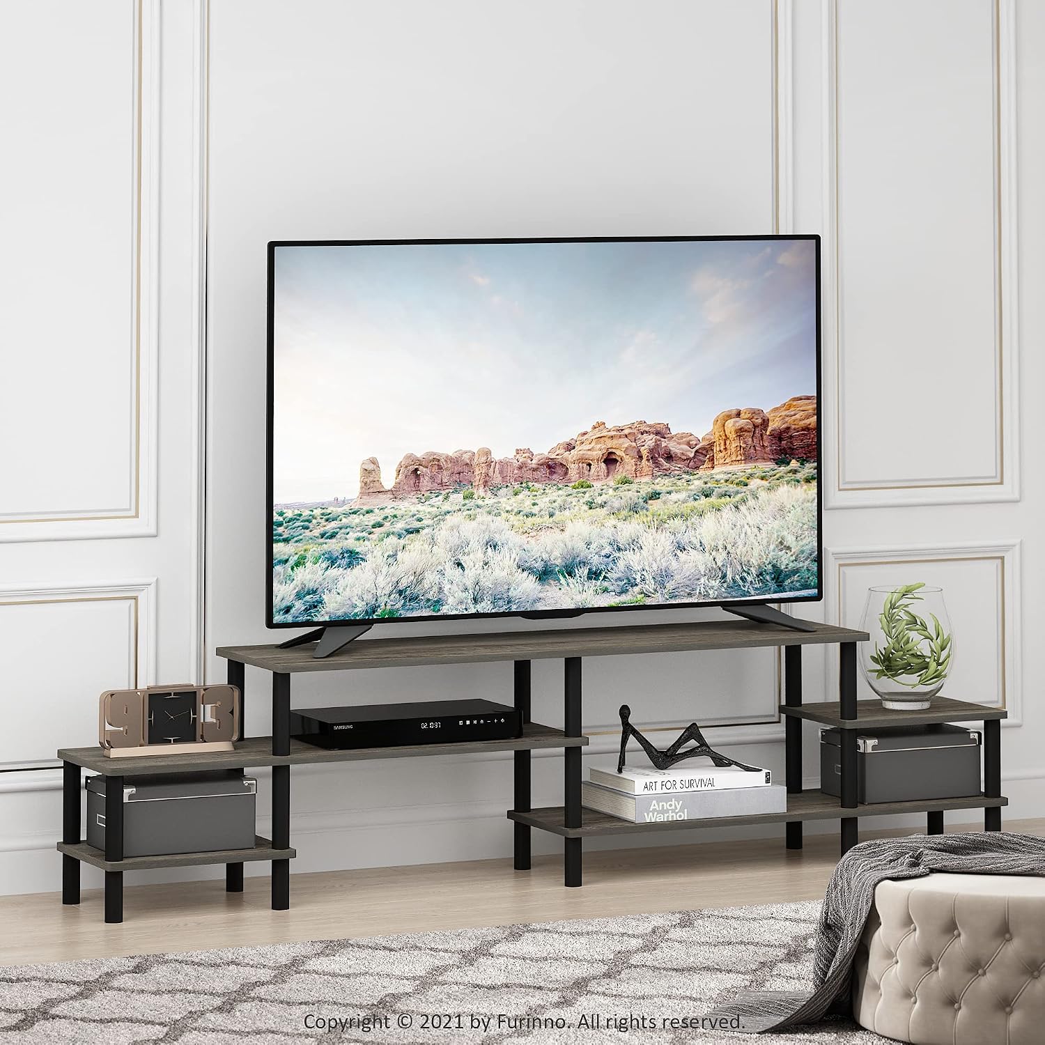 Furinno Nelly TV Stand, 3-Tier Entertainment Center with Open Shelves Storage, TV Console for TV up to 55 Inch, Soft Edges, for Living Room, Bedroom, Black