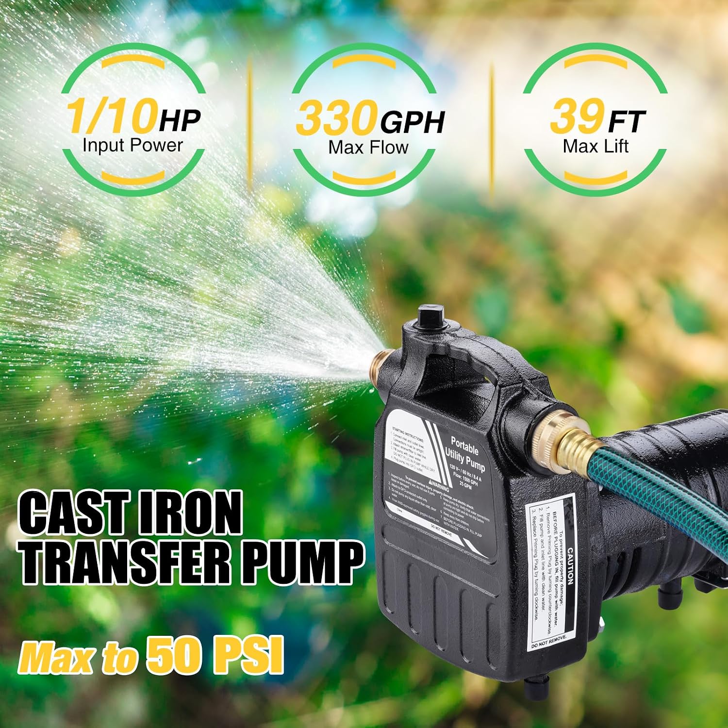 Water Transfer Pump, 115V 1/10HP 330GPH Electric Utility Water Pump with 6ft Water Hose Kit, Portable Small Water Pump For Pool Draining, Removing Water From Rain Barrel, Aquariums, etc.