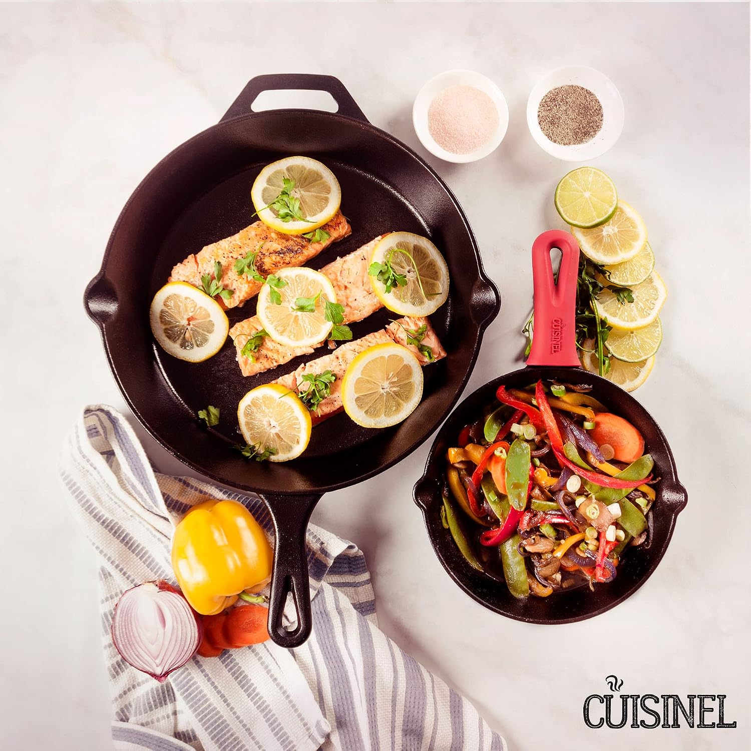 Cast Iron Skillet - 10"-Inch Frying Pan with Pour Spouts + Pan Scraper + Silicone Grip Handle Cover Holder - Pre-Seasoned Oven Cookware - Indoor/Outdoor Use - Stovetop, Induction. PFAS and PFOA-free