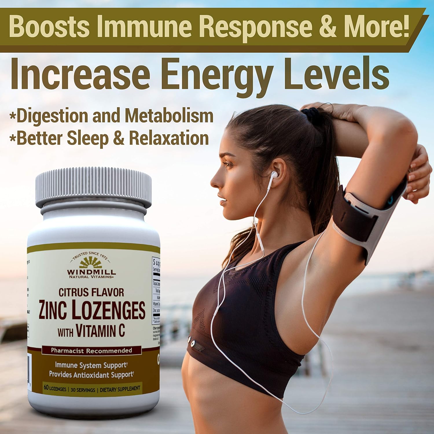 Windmill Health Natural Vitamins Zinc Lozenges with Vitamin C Honey Lemon Flavor, Immune System Support, Provides Antioxidant Support