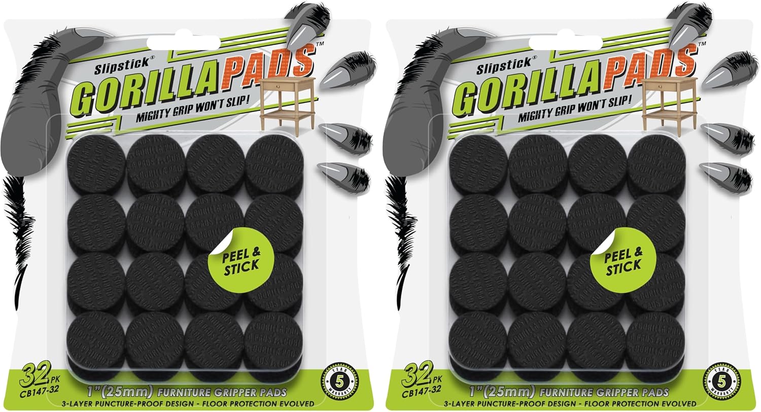 Slipstick GorillaPads CB149 Non-Slip Furniture Pads/Rubber Grippers (Set of 8) Self-Adhesive Furniture Feet Floor Protectors, 1-1/2 inch Round, Black