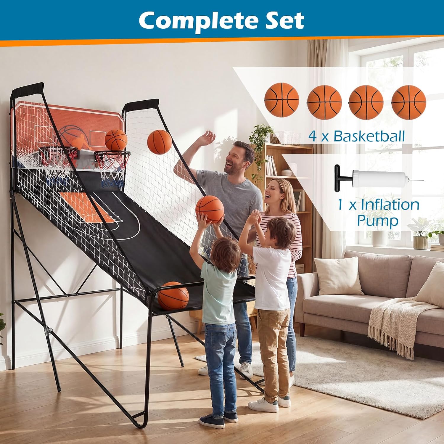 GYMAX Arcade Basketball Game Indoor Foldable with 8 Game Modes, Arcade Sound, 4 Balls and Inflation Pump, Electronic Basketball Games for All Ages Home