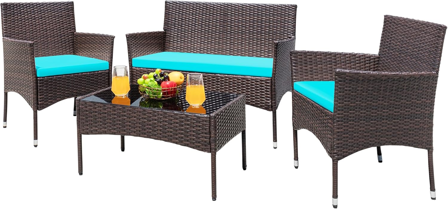 Greesum Patio Furniture 4 Pieces Conversation Sets,Brown and Beige