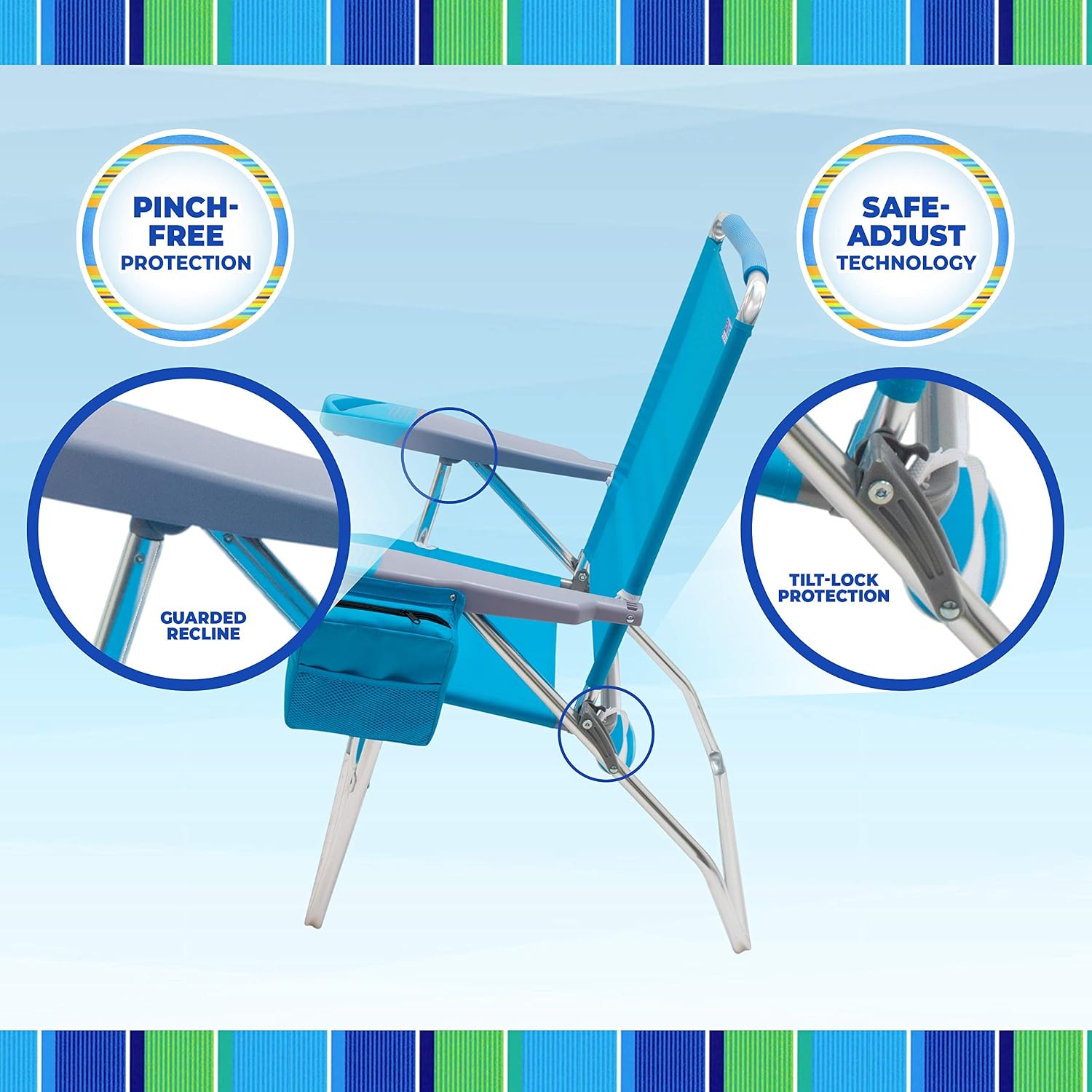 Rio Brands 17" Extended Height 4-Position Folding Beach, Camping, Lawn Chair, Blue/White/Green