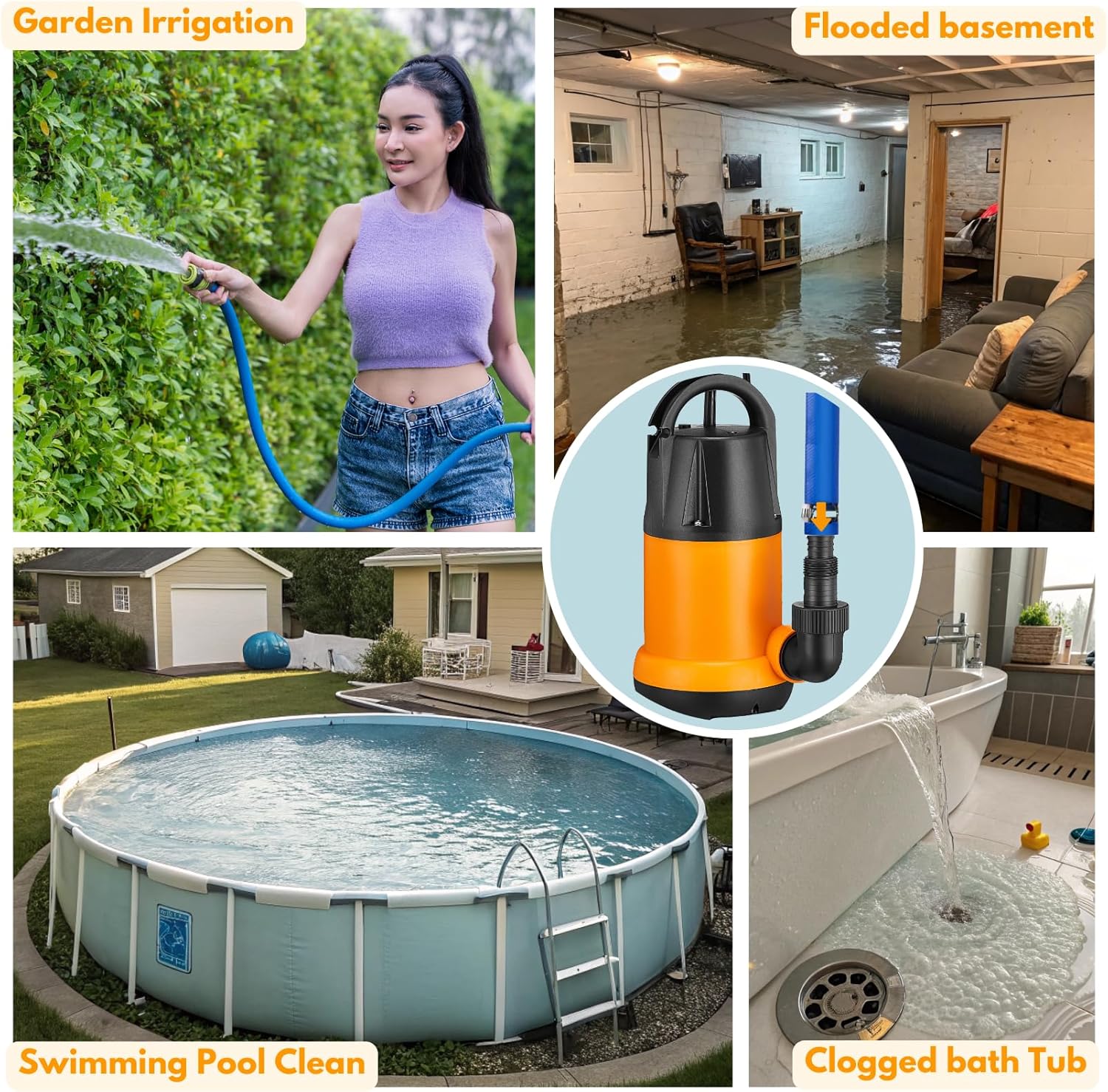 Sump Pump Submersible With 25Ft. Hose, Submersible Pump, 25Ft Cord, 4000GPH | 1.5HP Water Pump Submersible With 25ft. Hose Kit, Utility Pump