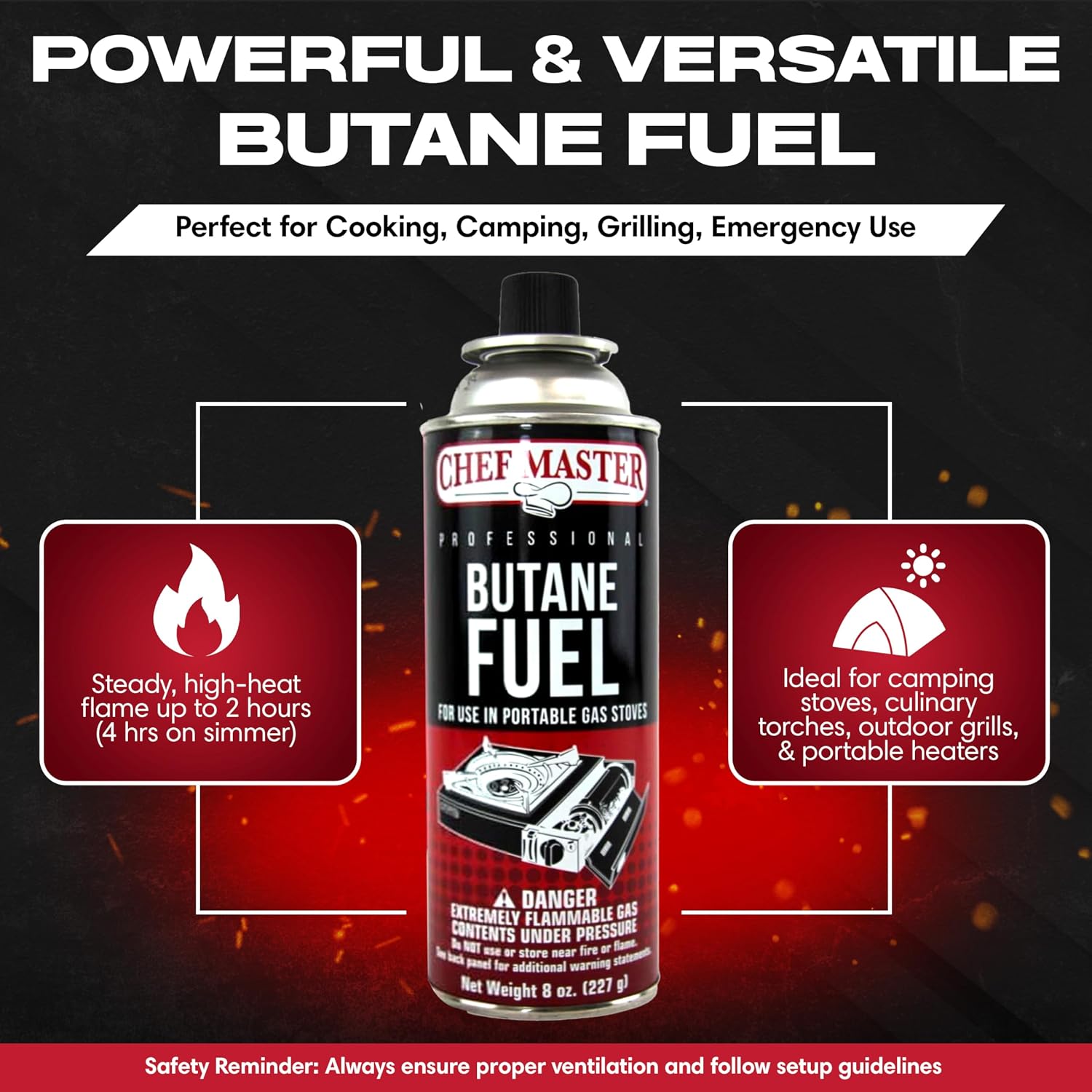 Chef Master Butane Fuel Canister, Camp Stove & Torch Refill, 8 oz, 12-Pack